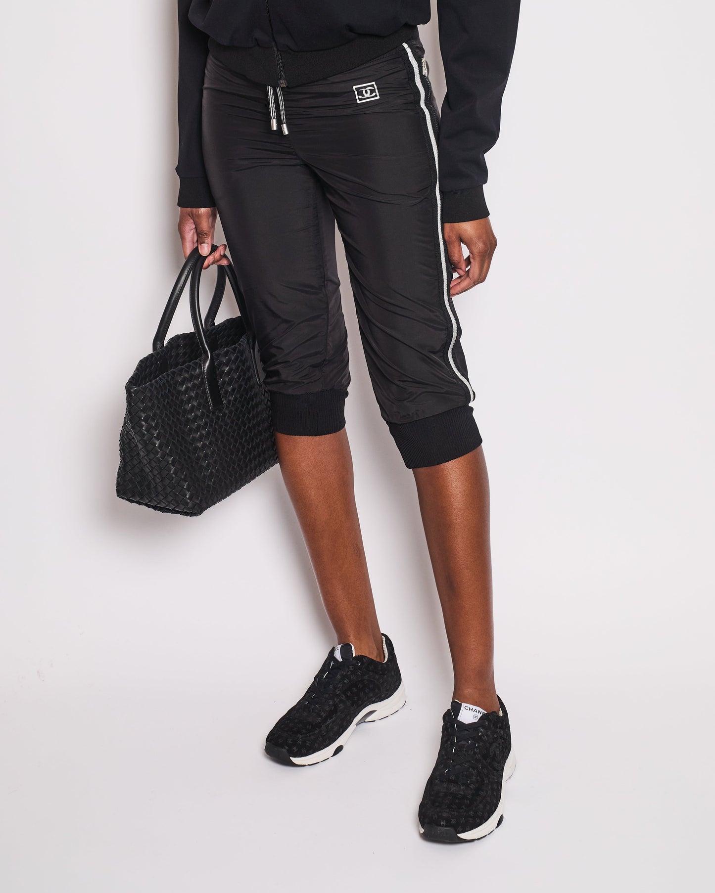 Chanel Black Nylon 3/4 Length Tro rs with Cuffed Leg Details and Silver Side Trims Size FR 34 (UK 6)