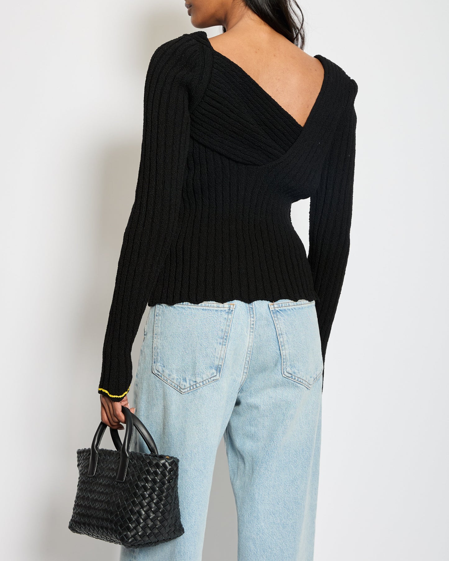 Bottega Black Pre Spring 2020 Ribbed Long Sleeve Wrap Top with Yellow Cuff Detail Size IT 36 (UK 4)