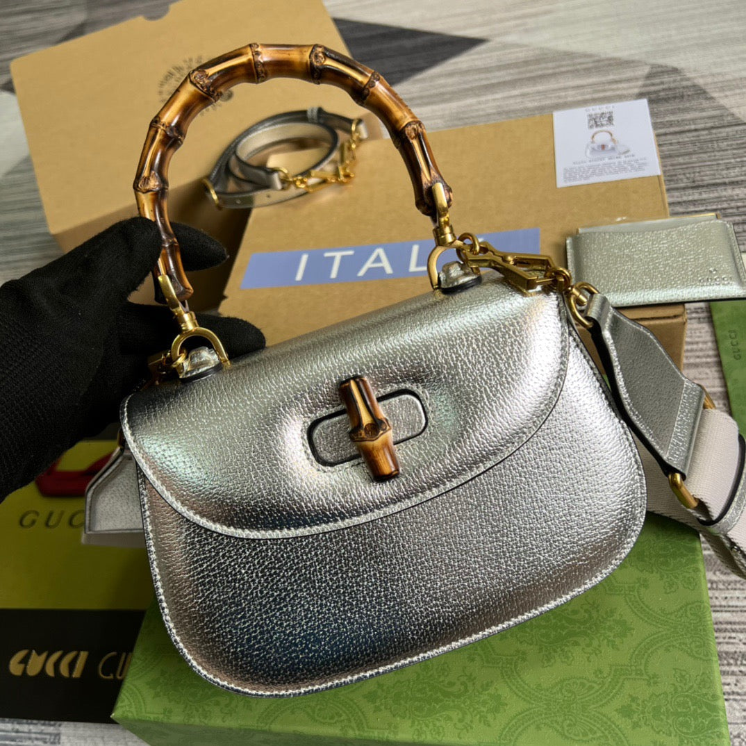 gg Bamboo 1947 Medium Top Handle Bag Silver For Women, Women’s Bags 10in/26cm gg