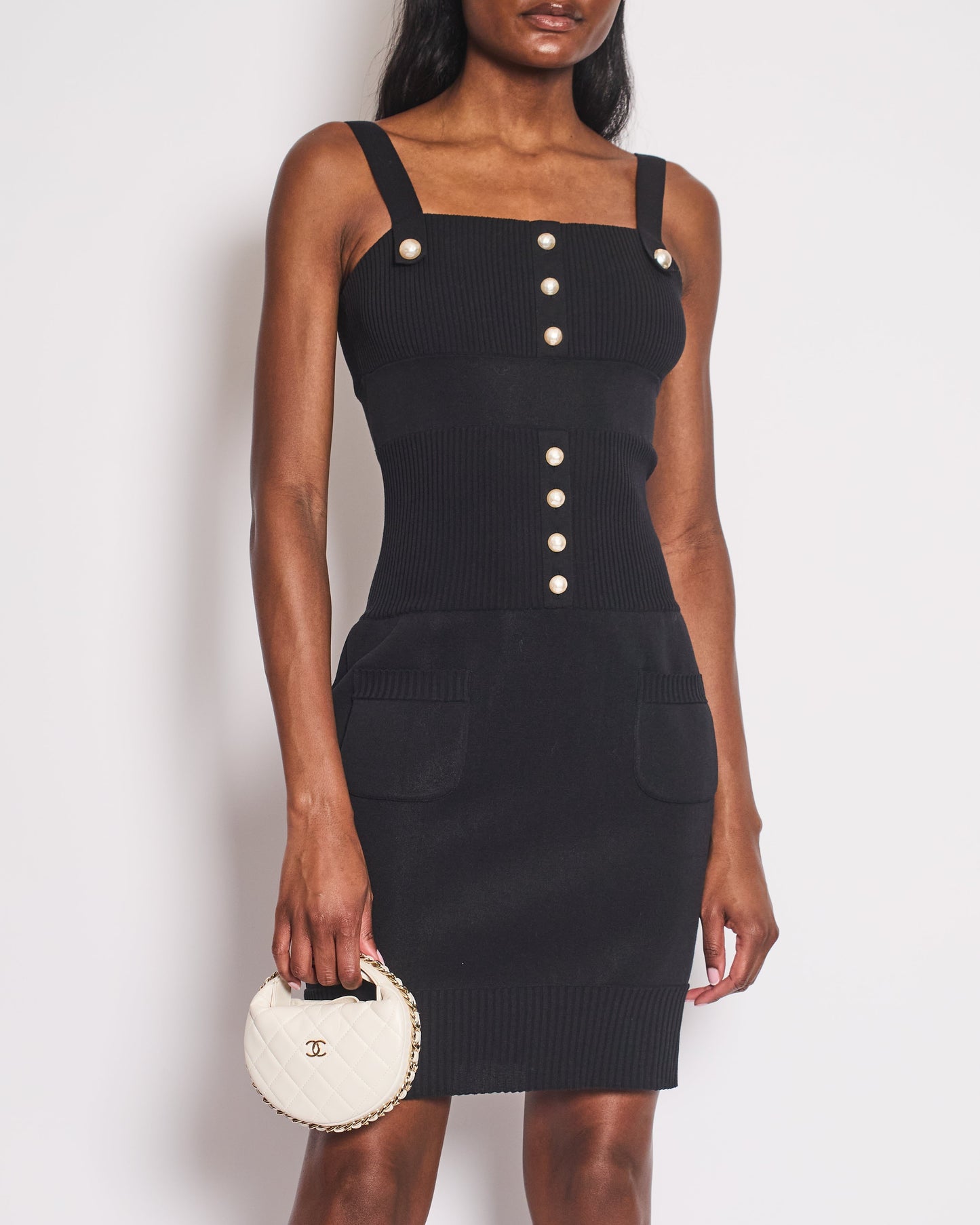 Chanel Black Knit Sleeveless Dress with Pearl Button Details Size FR 38 (UK 10)