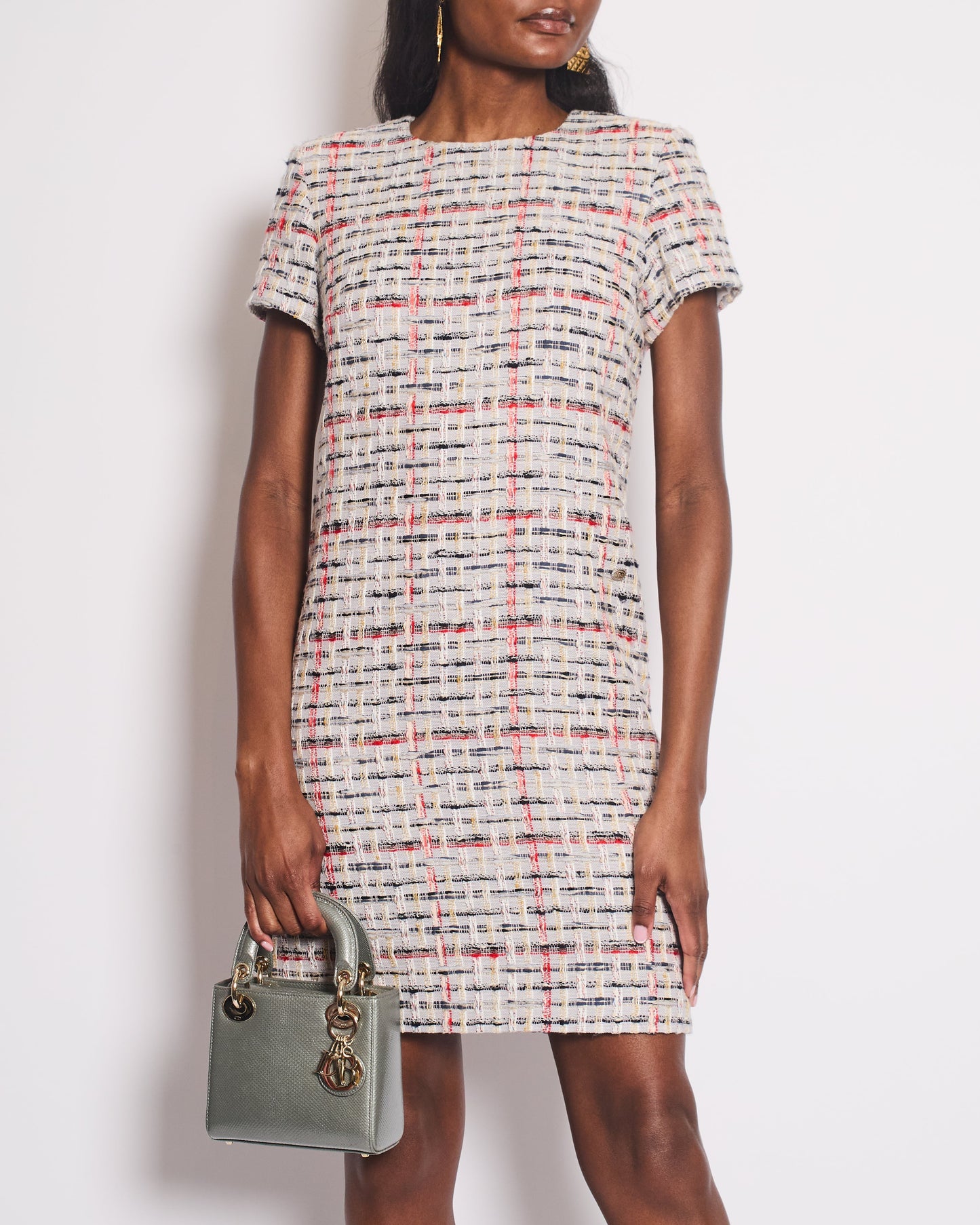 Chanel 18/P Grey Tweed Short Sleeve Midi Dress with CC Logo Button Detail Size FR 36 (UK 8)