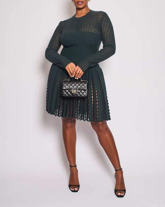 Ala•a Green Long Sleeve Knit Mini Dress with Cut Out Details Size FR 44 (UK 16)