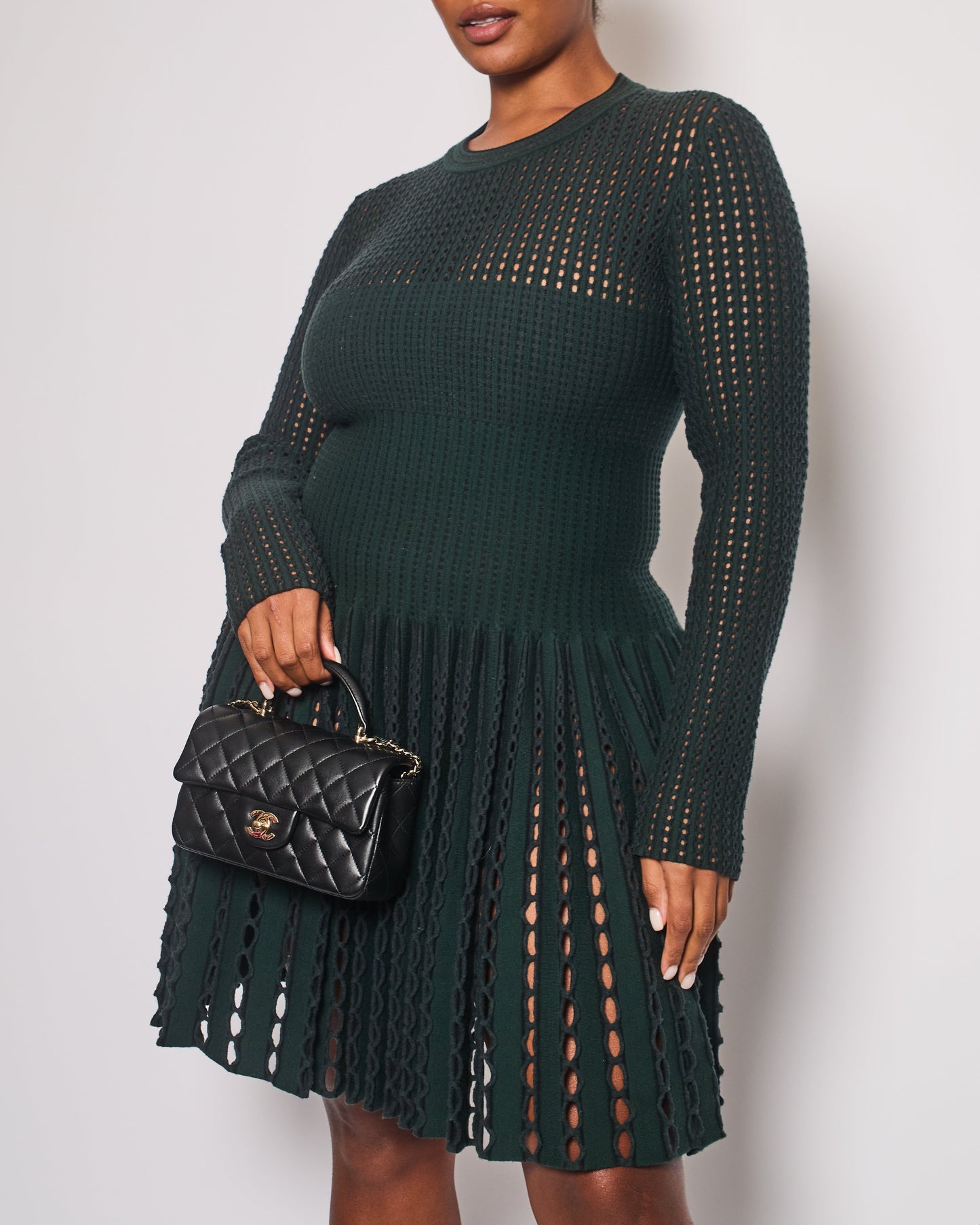 Ala•a Green Long Sleeve Knit Mini Dress with Cut Out Details Size FR 44 (UK 16)