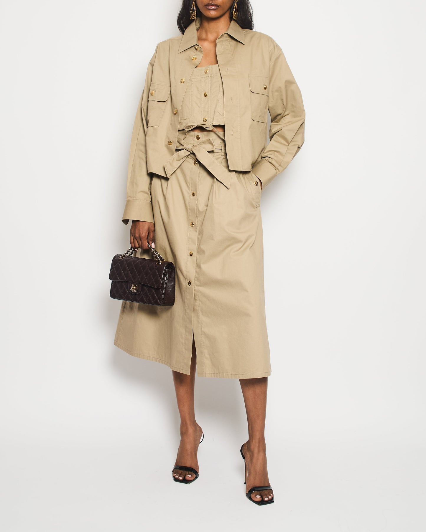 Celine Beige Military Jacket with Matching Top and Skirt Size FR 34/36 (UK 6/8)