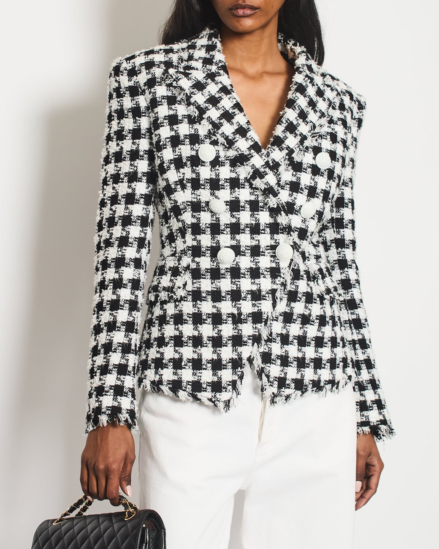 Balmain Black and White Checked Tweed Blazer with White Buttons Size FR 36 (UK 8)