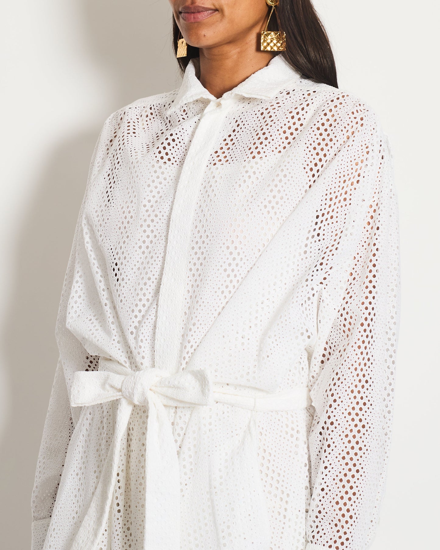 Alaia White Perforated Light Dress Coat with Belt Detail Size FR 36 (UK 8)