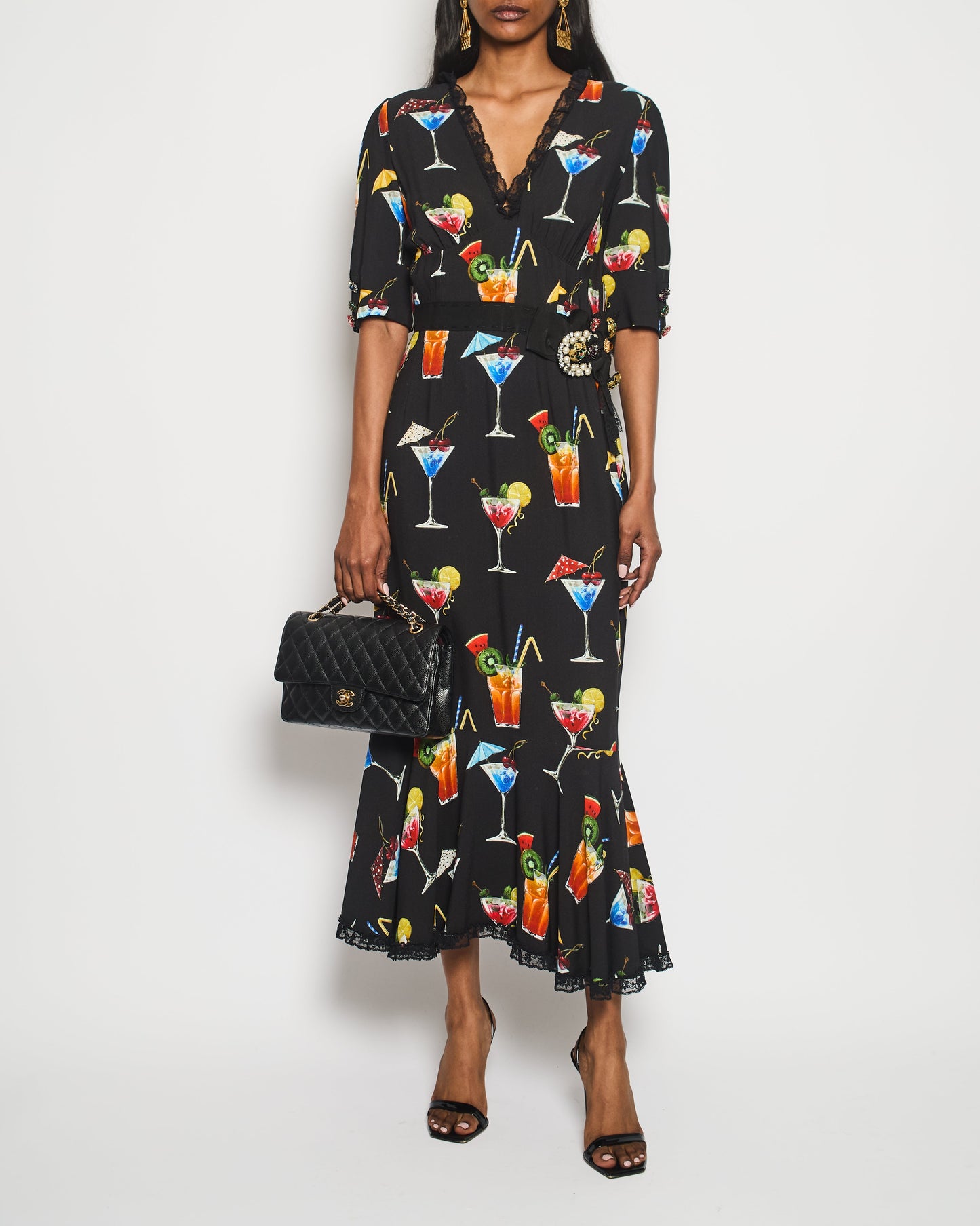 Dolce & Gabbana Black Cocktail Print Maxi Dress with Crystal Button and Lace Details Size IT 42 (UK 10)