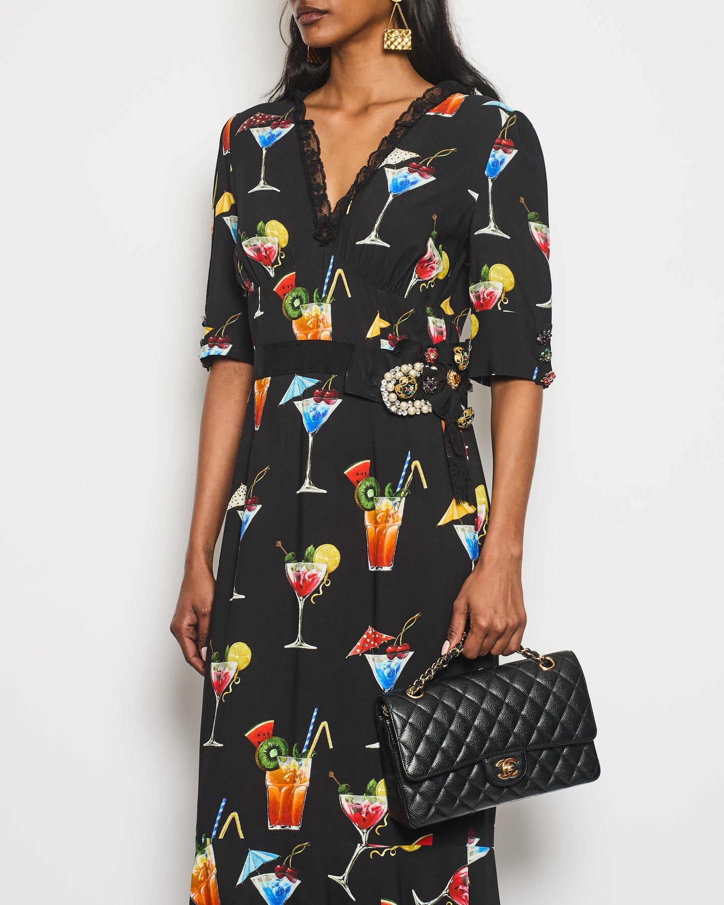 Dolce & Gabbana Black Cocktail Print Maxi Dress with Crystal Button and Lace Details Size IT 42 (UK 10)