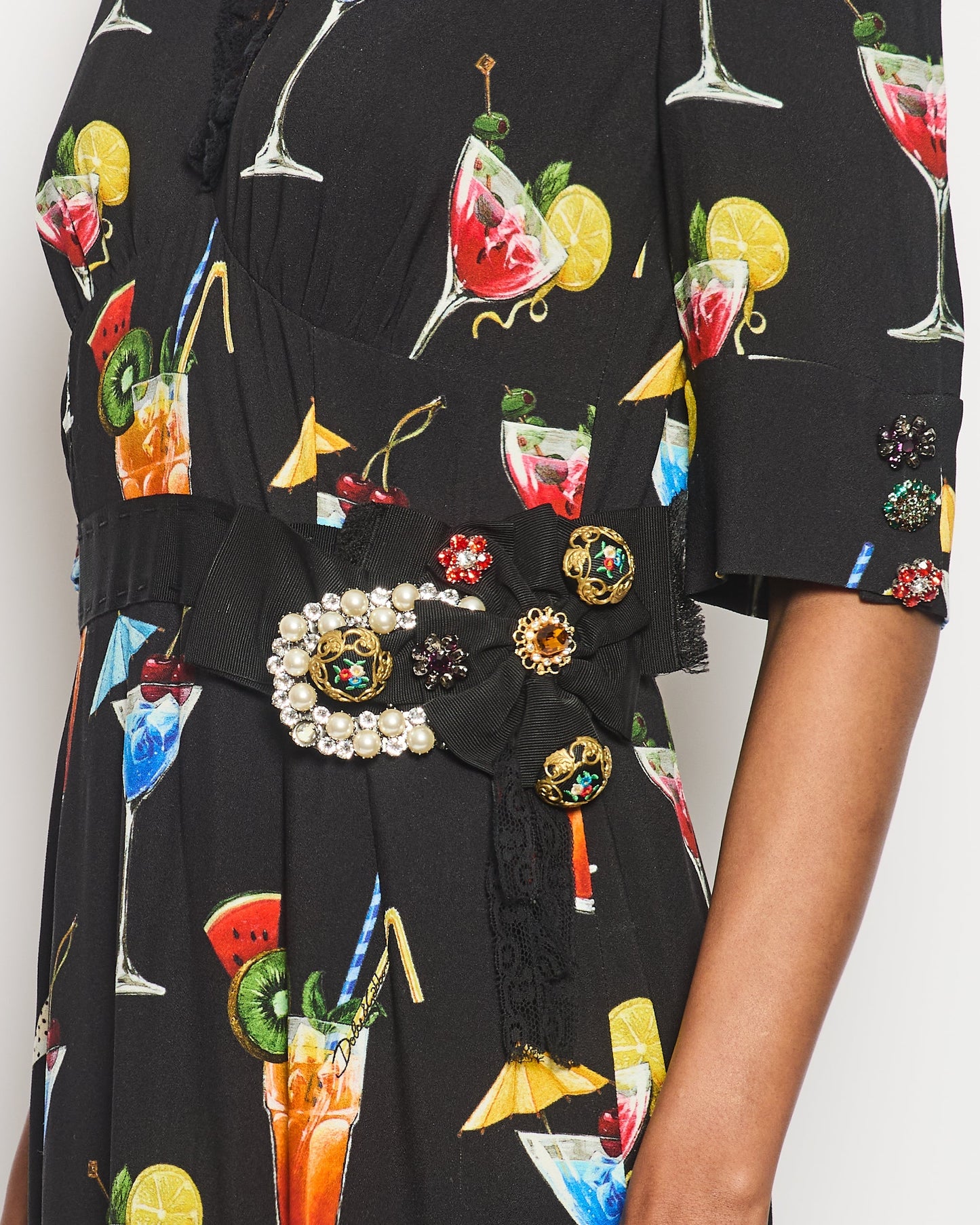 Dolce & Gabbana Black Cocktail Print Maxi Dress with Crystal Button and Lace Details Size IT 42 (UK 10)
