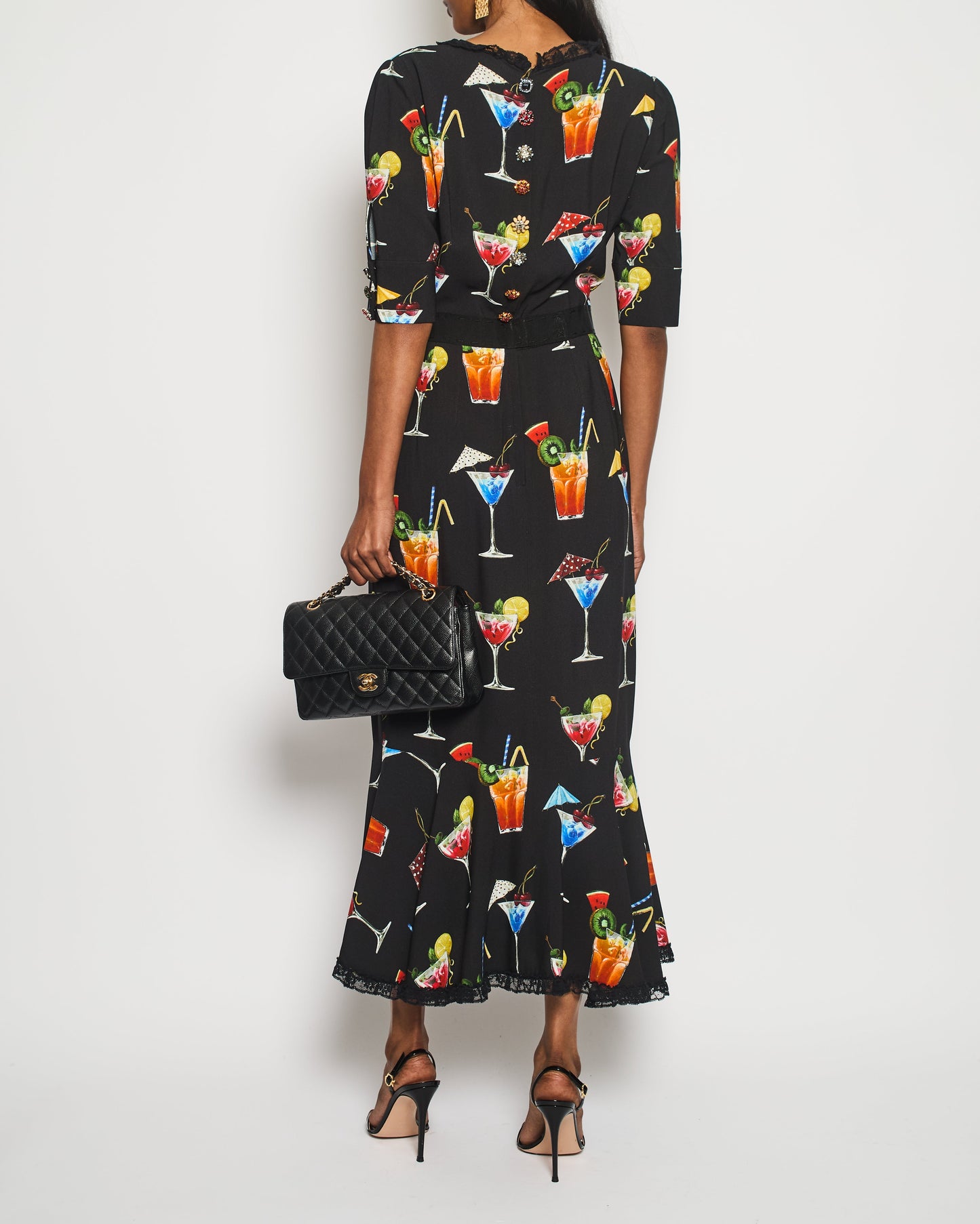 Dolce & Gabbana Black Cocktail Print Maxi Dress with Crystal Button and Lace Details Size IT 42 (UK 10)