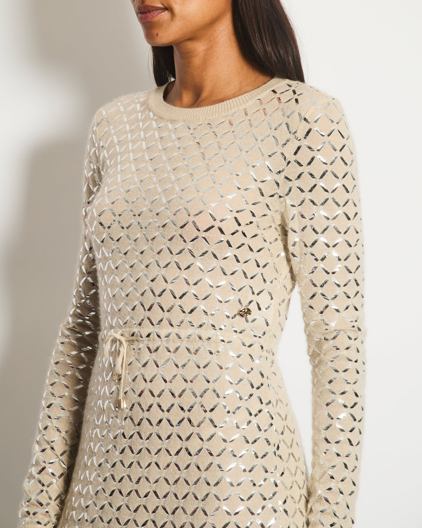 Chanel Cream Angora & Silk Long Sleeve Maxi Dress with Silver Metallic Detail & Drawstring Waist Size FR 34 (UK 6)