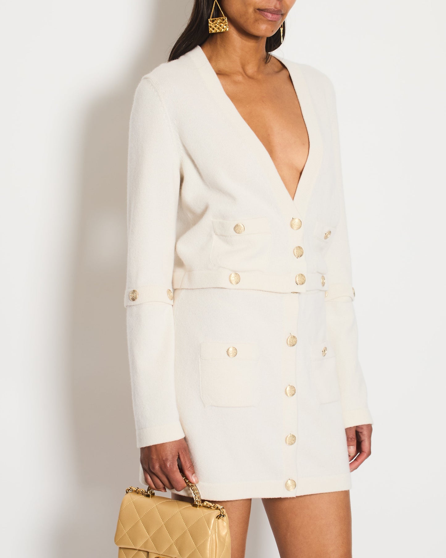 Chanel White Long-Line Cashmere Dress with Gold CC Buttons Detail Size FR 36 (UK 8)