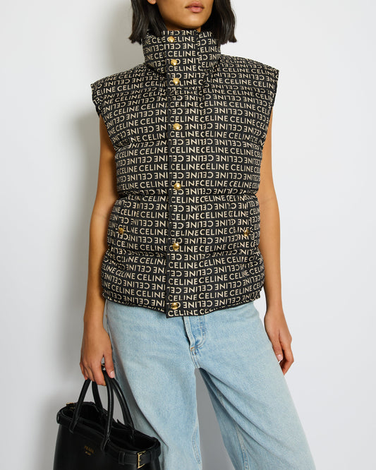 Celine Black and Beige Sleeveless Puffer Jacket with Logo Prints Size XS (UK 6)
