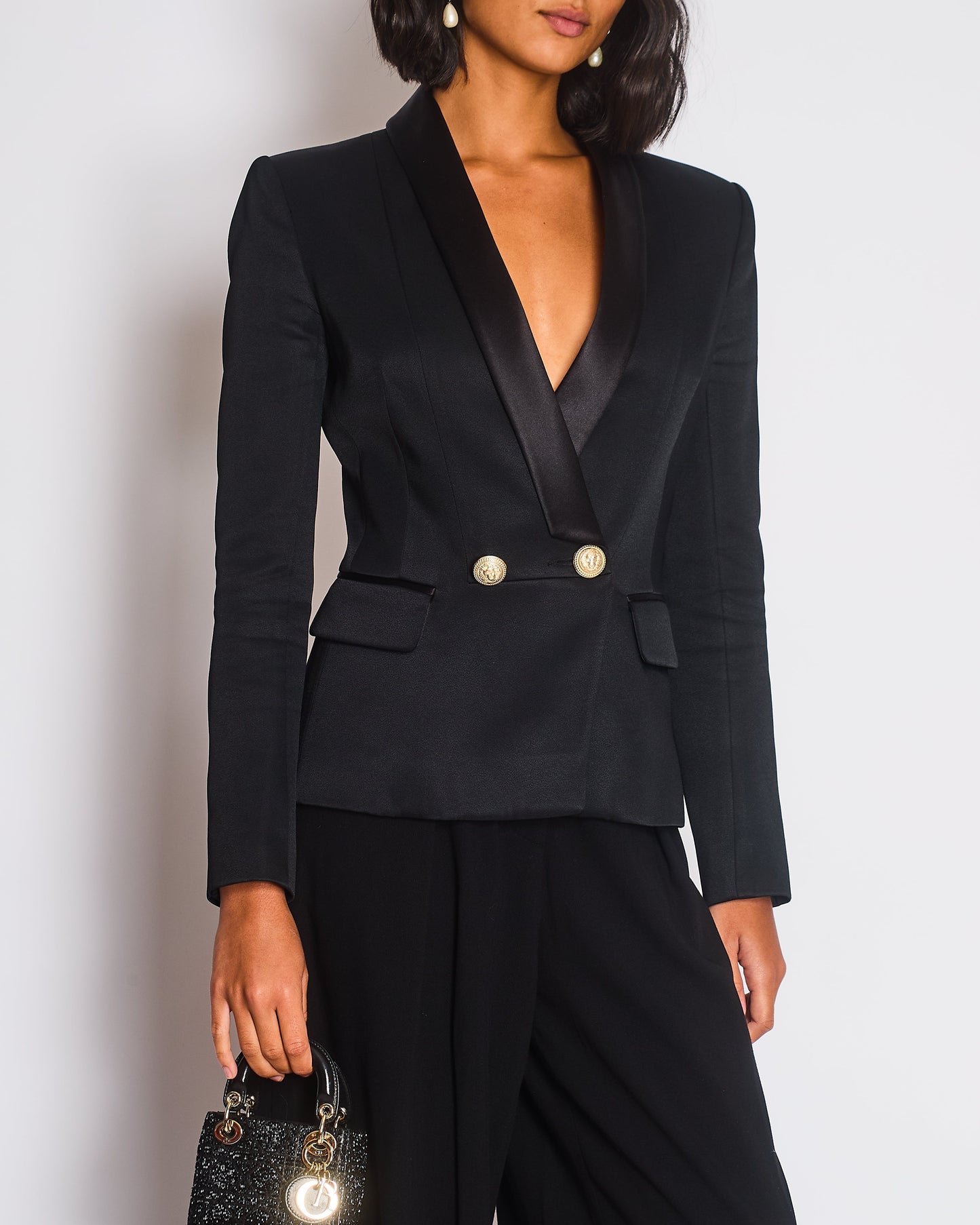 Balmain Black Blazer Jacket with Gold Buttons and Silk Trim Detail Size FR 38 (UK 10)