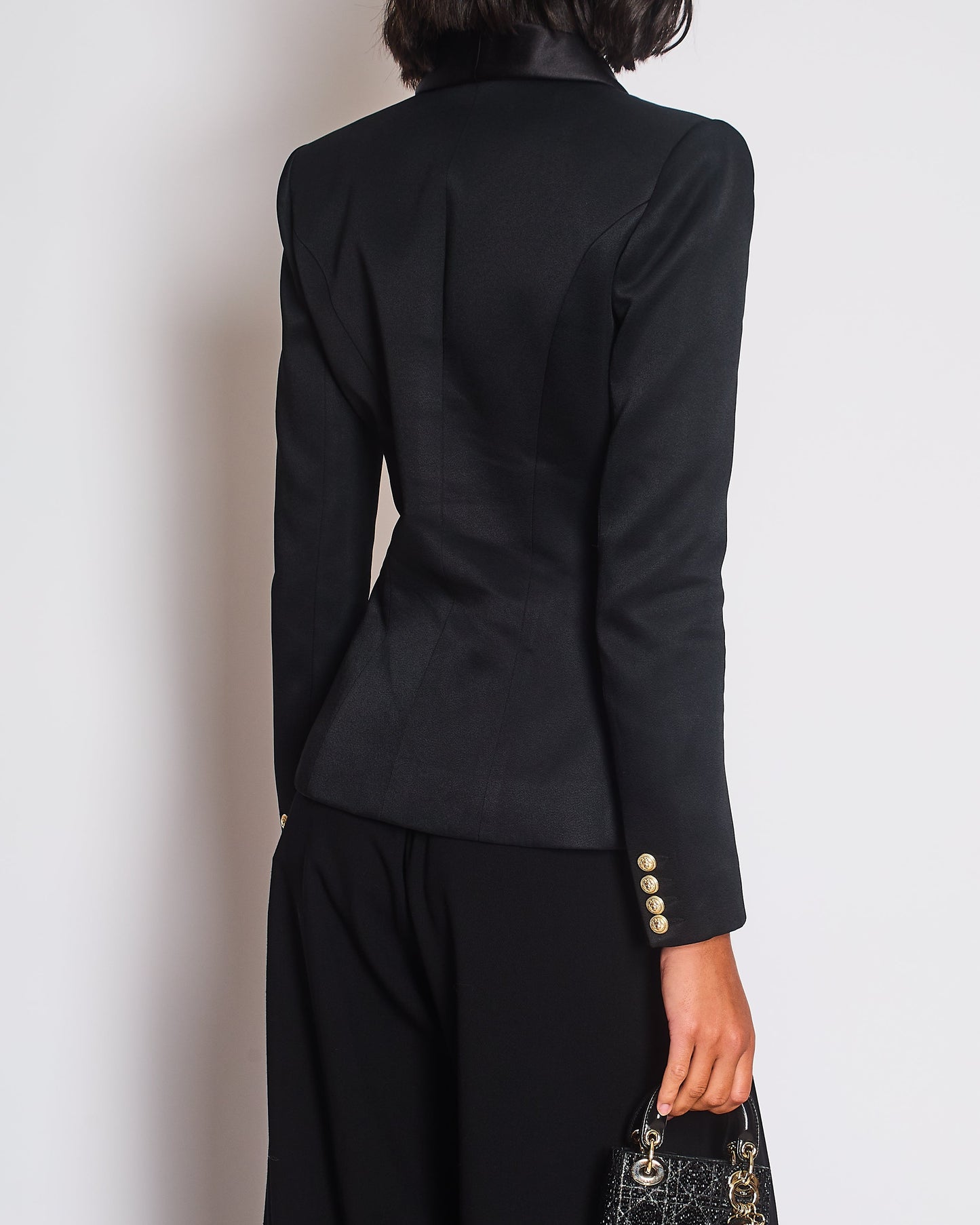 Balmain Black Blazer Jacket with Gold Buttons and Silk Trim Detail Size FR 38 (UK 10)