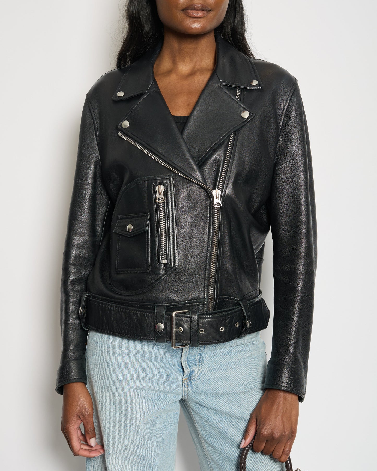 Acne Studios Black Lambskin Leather Biker Jacket with Pocket Details Size FR 36 (UK 8) RRP £1,600