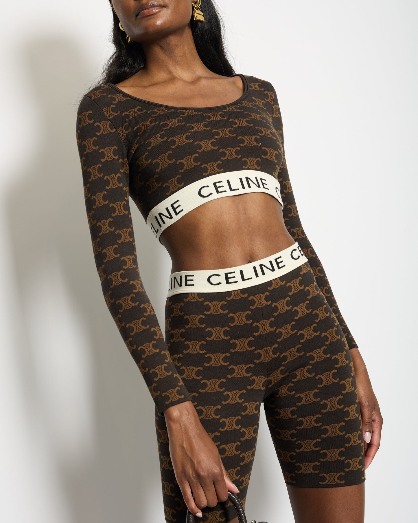 CŽline Brown Triomphe Monogram Crop Top and Shorts Set with Logo Waistband Details Size XS (UK 6)