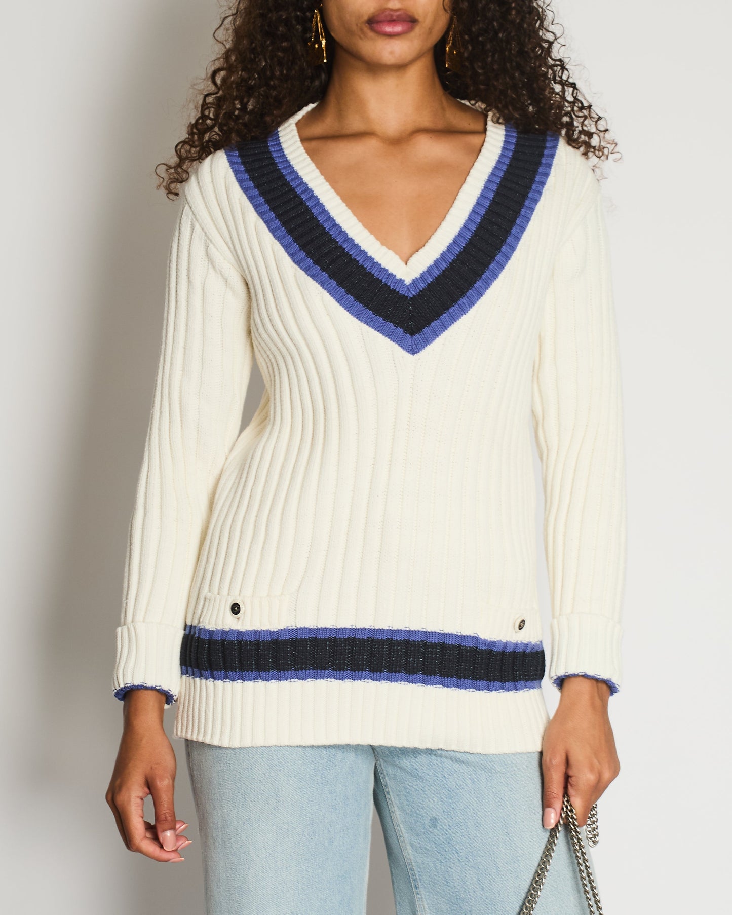 Chanel Resort 2014 White, Black and Navy V Neck Knit Jumper with CC Button Details Size FR 40 (UK 12)