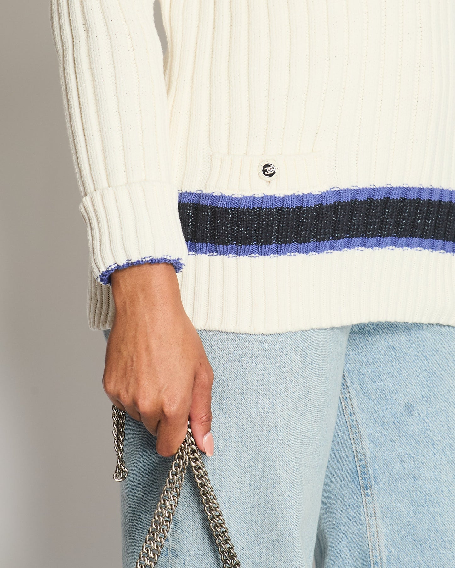 Chanel Resort 2014 White, Black and Navy V Neck Knit Jumper with CC Button Details Size FR 40 (UK 12)