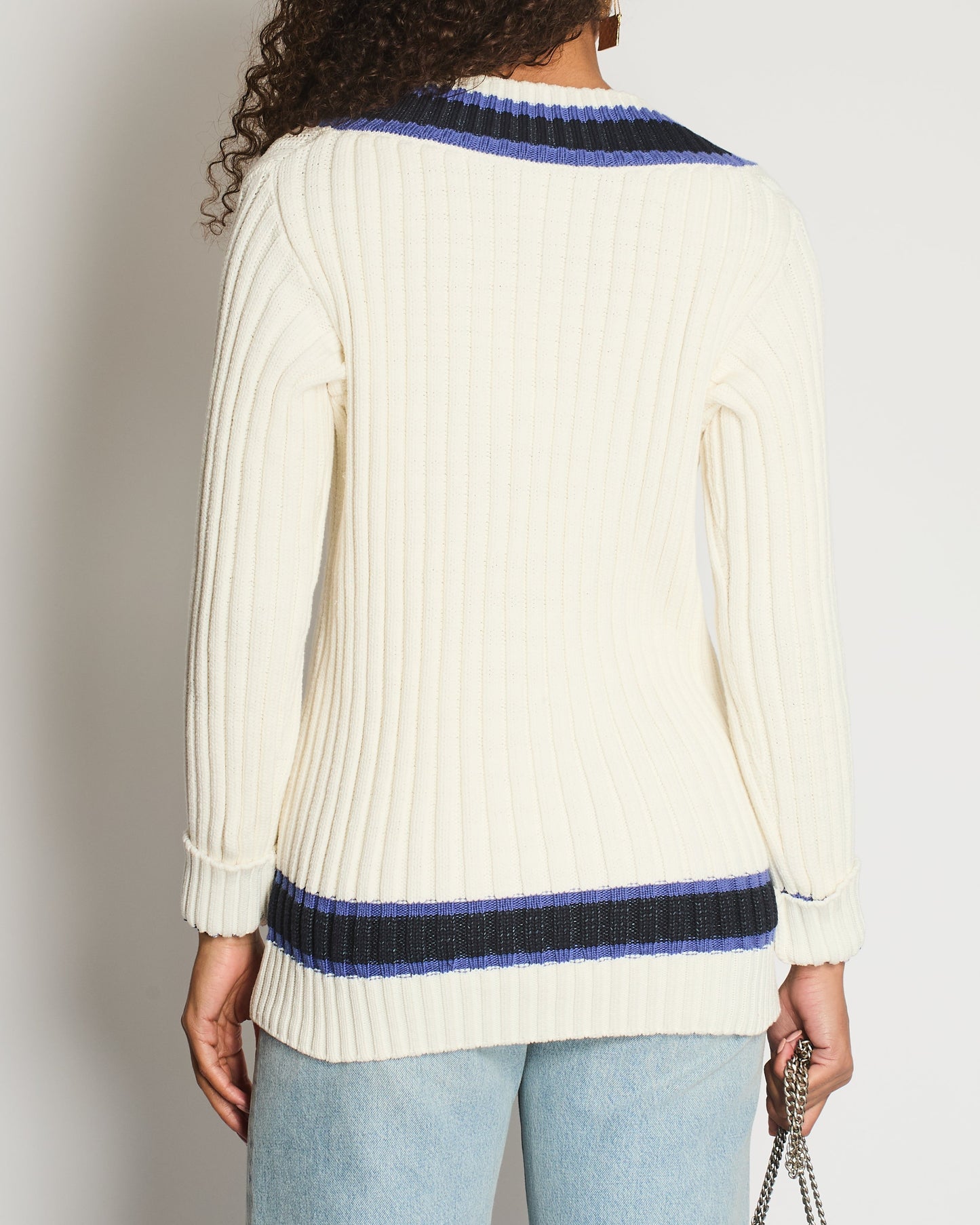Chanel Resort 2014 White, Black and Navy V Neck Knit Jumper with CC Button Details Size FR 40 (UK 12)