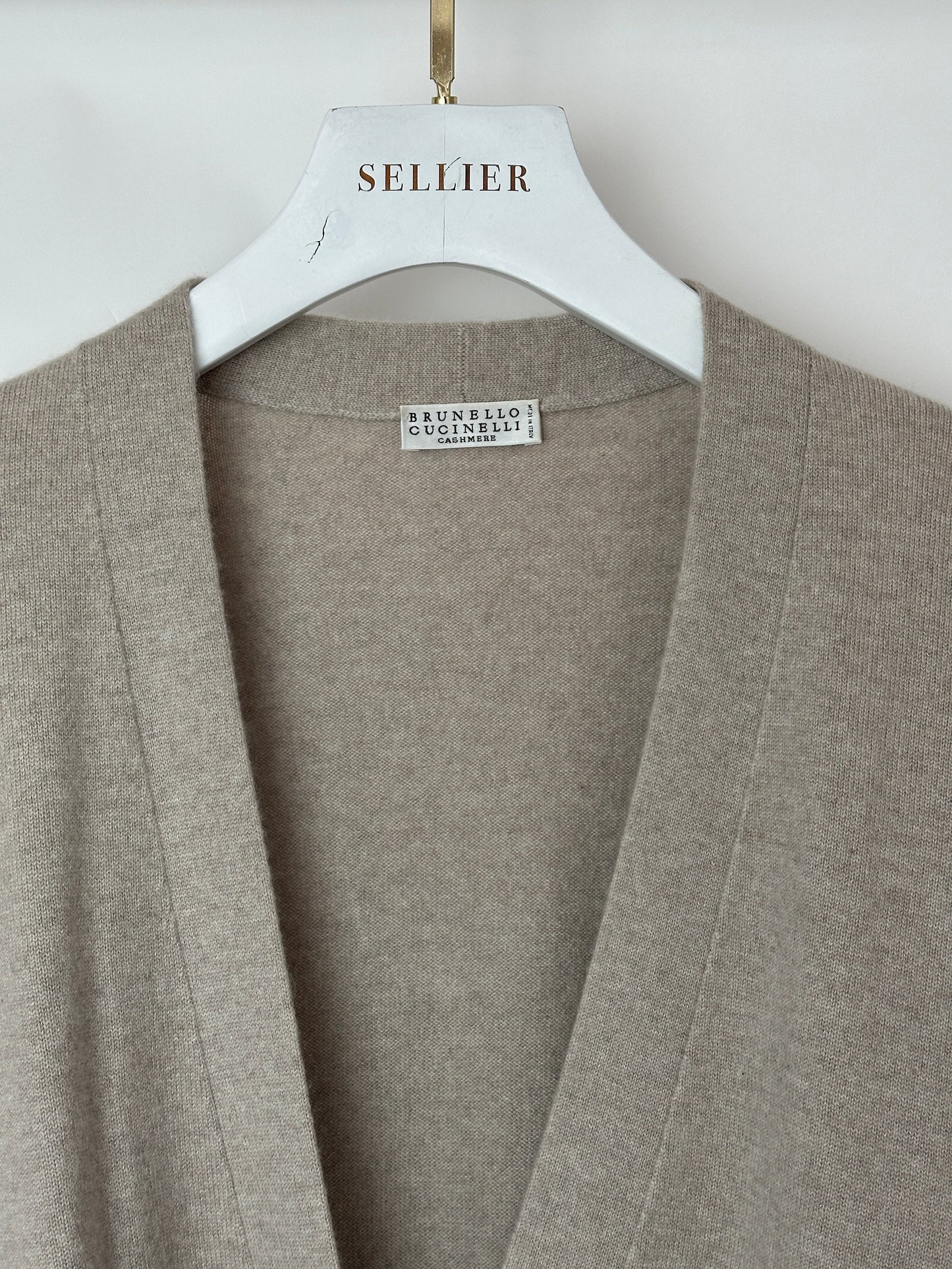 Brunello Cucinelli Taupe, White, and Grey Colour Block Cashmere Cardigan with Monili Trim Detail Size XL (UK 14)