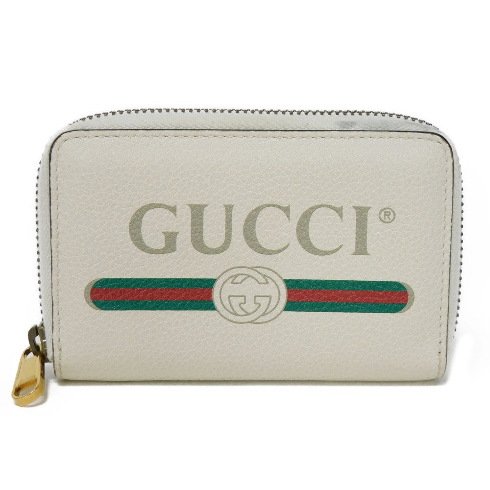 GUCCI Coin case 496319 0GCAT 8820 Textured leather Ivory x green x red Shelley Webb White   logo print Compact zip-around wallet unisex(Unisex)