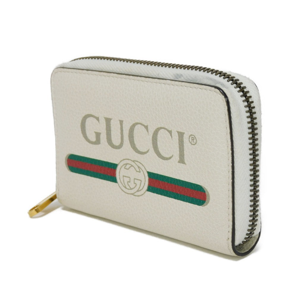 GUCCI Coin case 496319 0GCAT 8820 Textured leather Ivory x green x red Shelley Webb White   logo print Compact zip-around wallet unisex(Unisex)