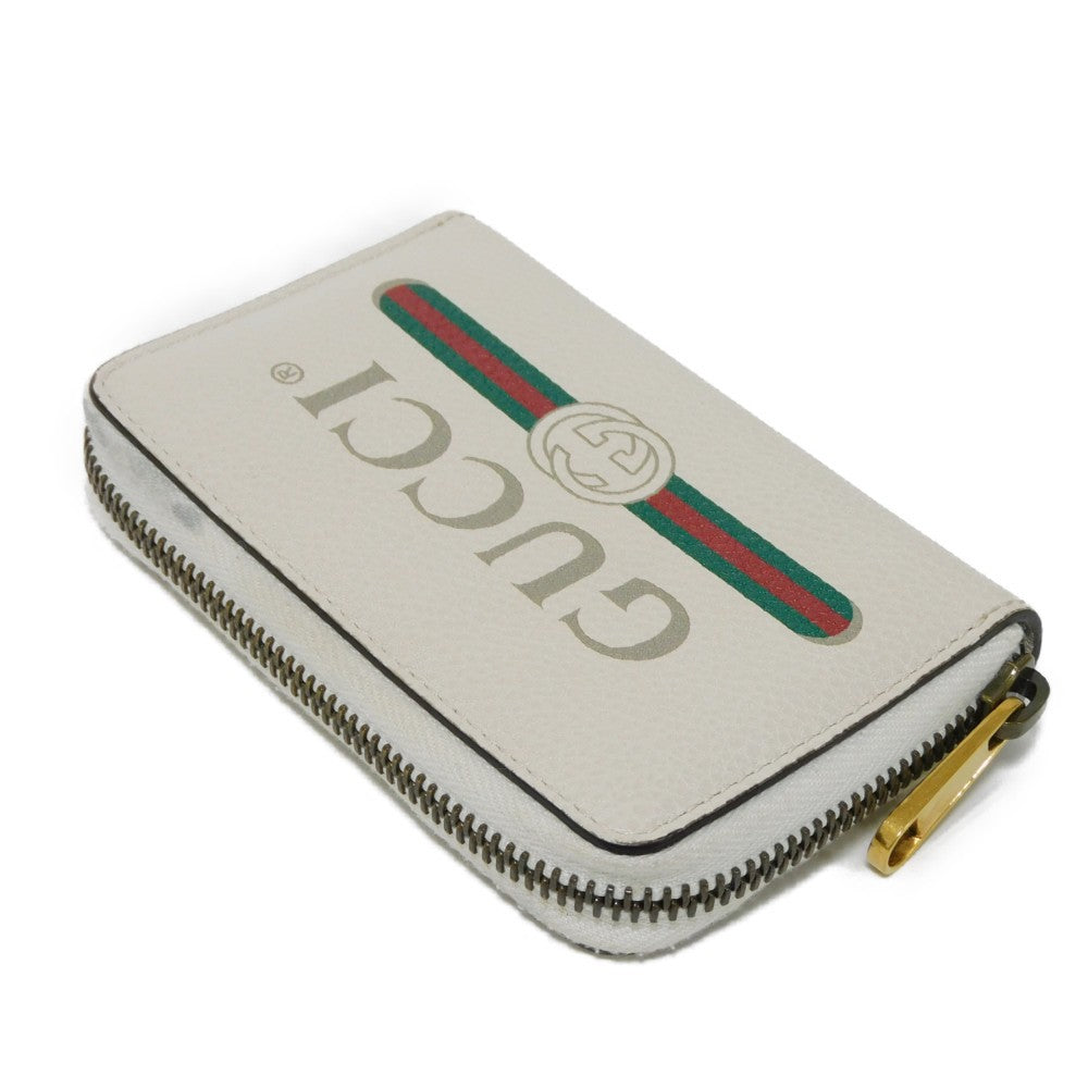 GUCCI Coin case 496319 0GCAT 8820 Textured leather Ivory x green x red Shelley Webb White   logo print Compact zip-around wallet unisex(Unisex)