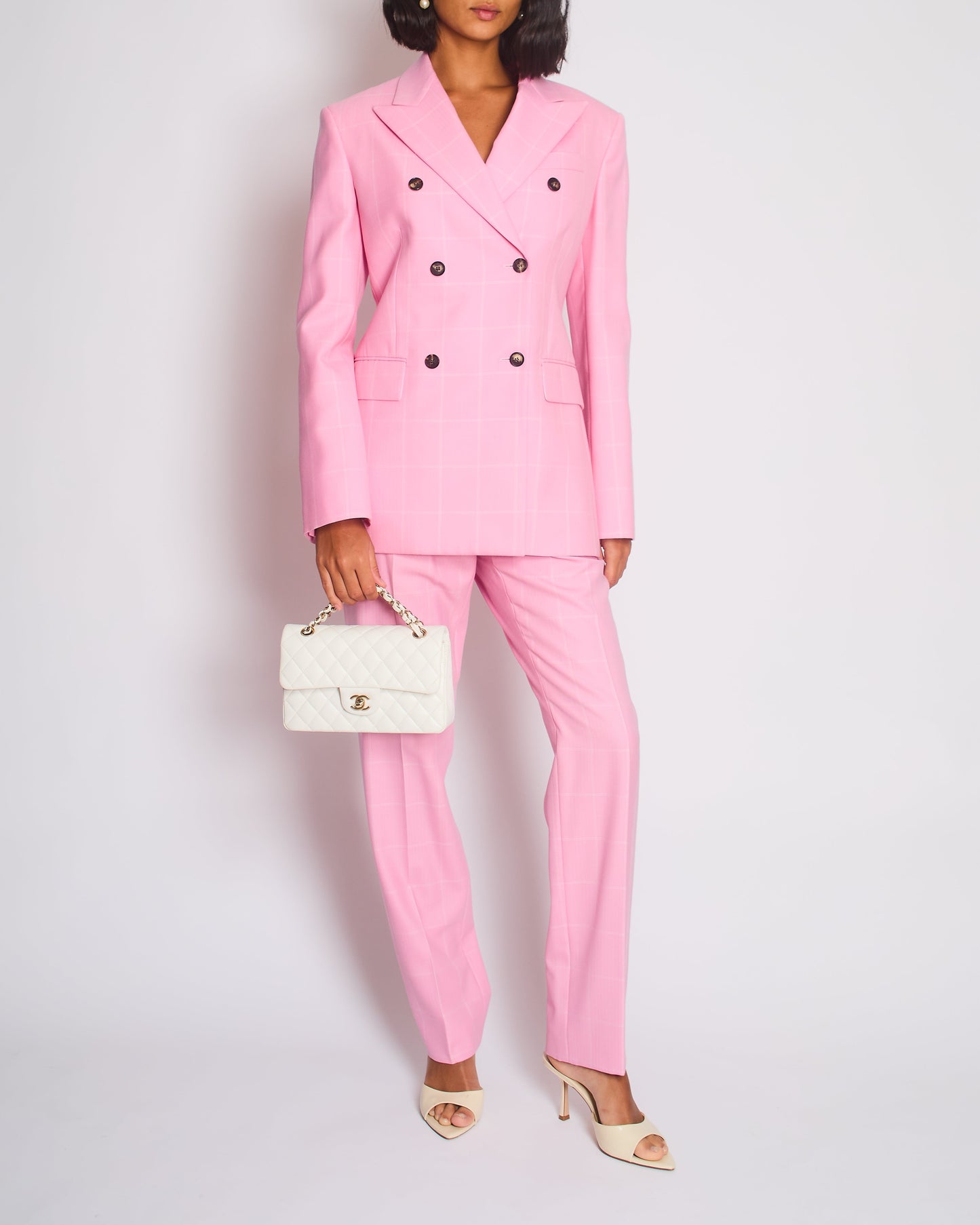 Calvin Klein Candy Pink Check Suit Jacket and Straight Let Tro rs Set Size FR 38 (UK 10)