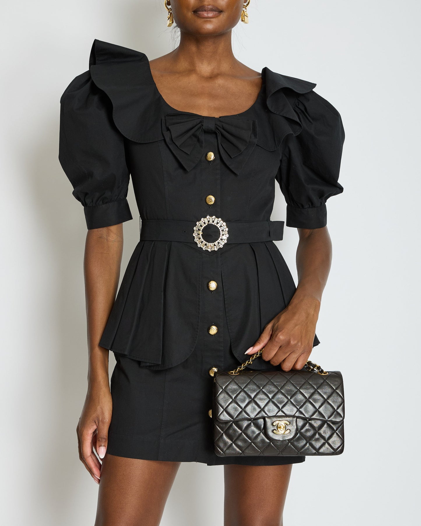 Alessandra Rich Black Mini Dress with Bow Neckline and Belt Detailing Size IT 40 (UK 8)