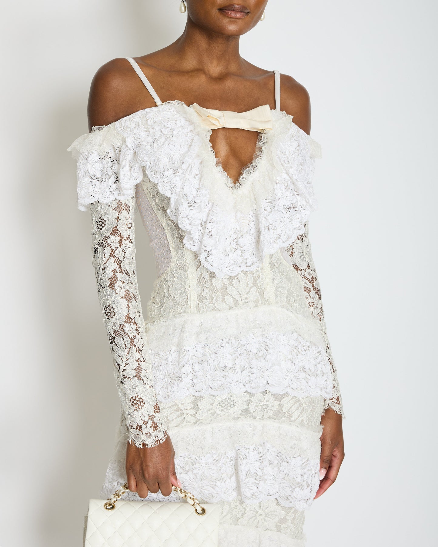 Alessandra Rich White Tiered Lace Long Sleeve Maxi Dress with Frills and Bow Detail Size IT 38 (UK 6)