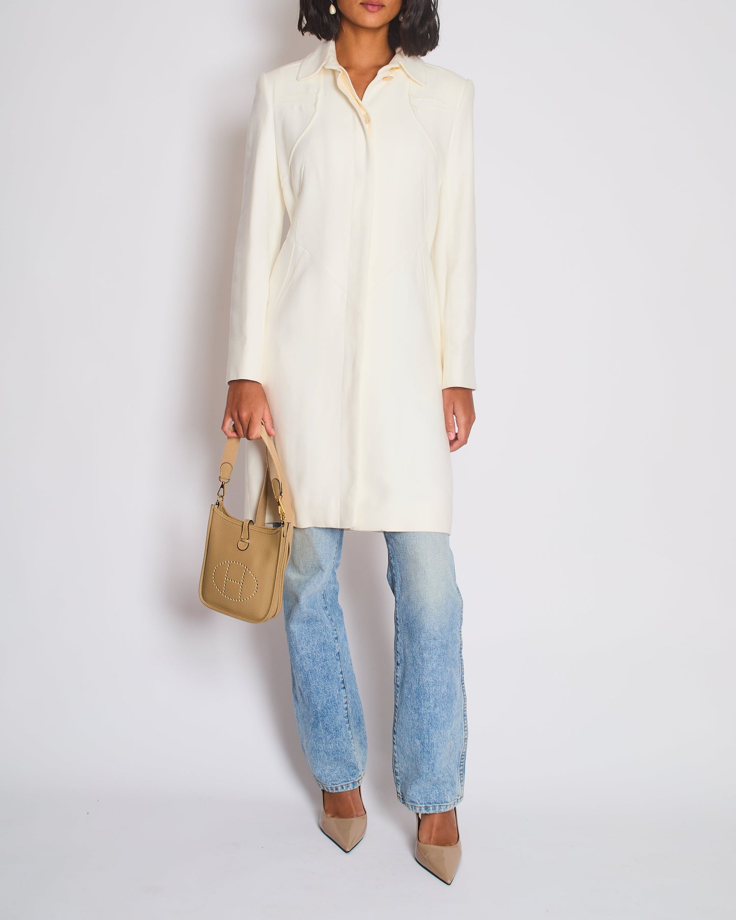 Christian Dior Cream   John Galliano Long Line Coat with Monogram Lining Detail Size FR 38 (UK 10)