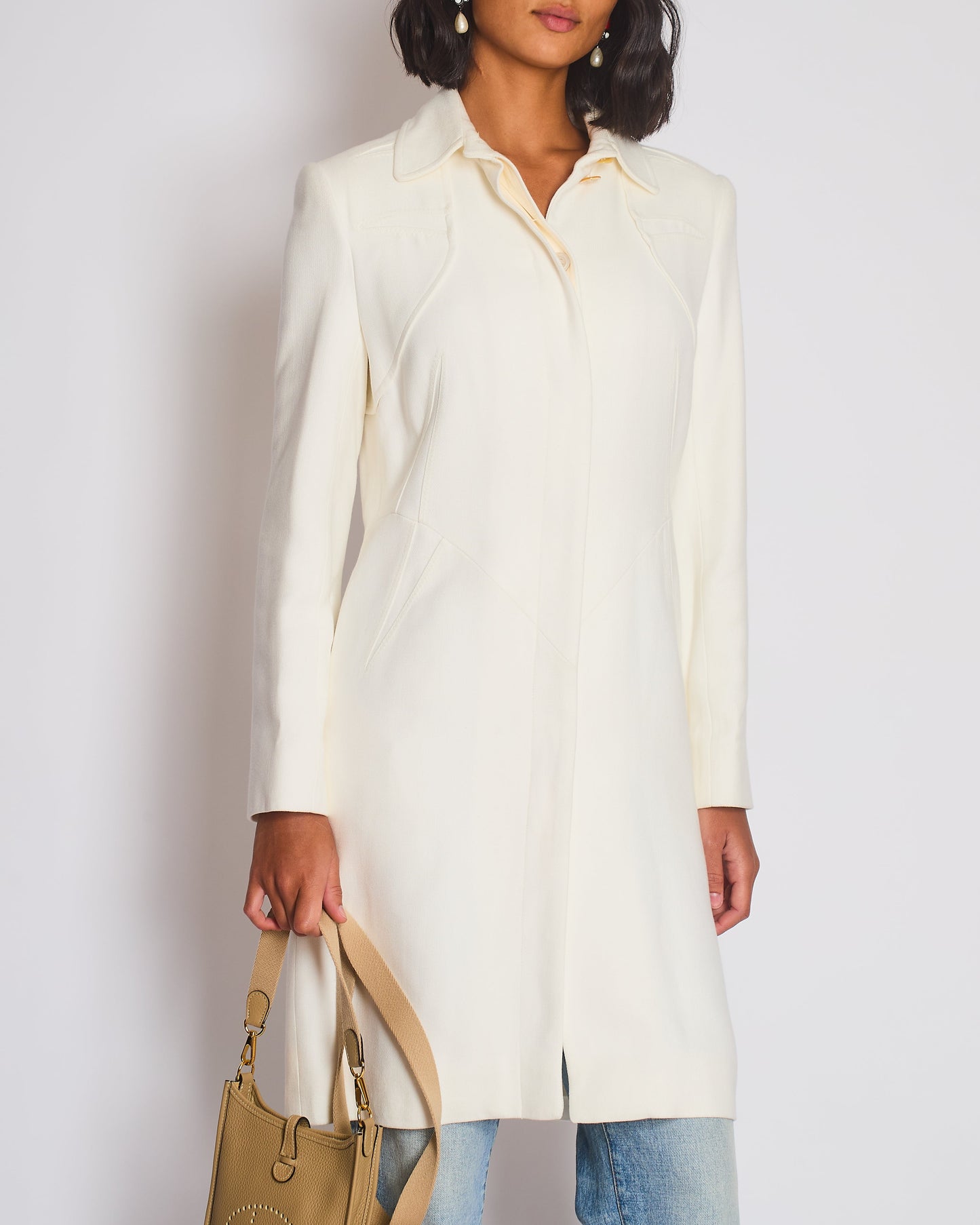 Christian Dior Cream   John Galliano Long Line Coat with Monogram Lining Detail Size FR 38 (UK 10)
