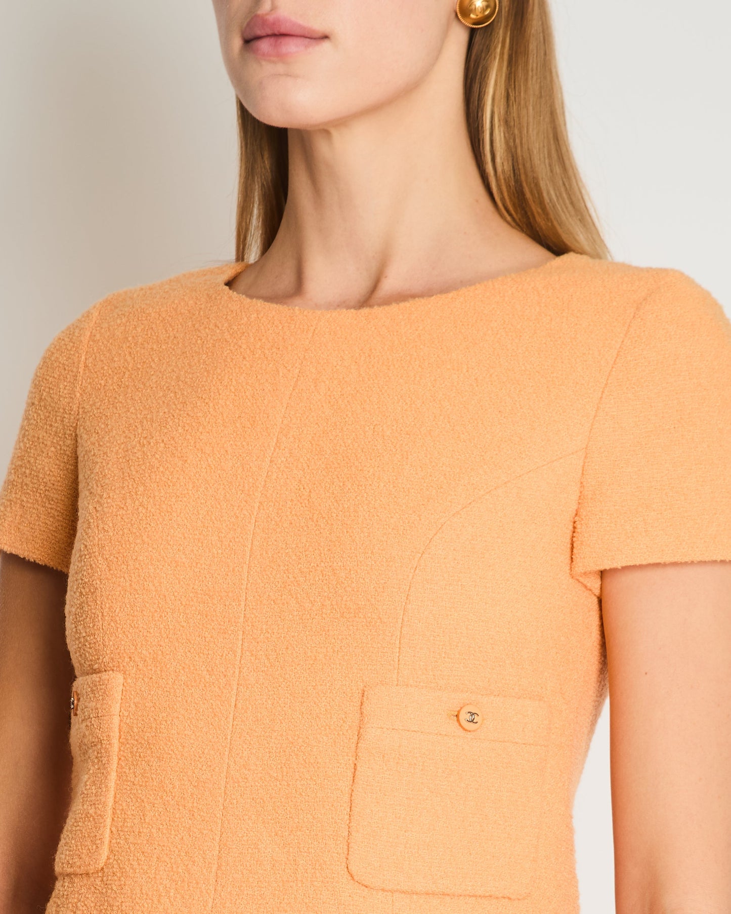 Chanel   Apricot Orange Tweed Short-Sleeve Mini Dress with CC Buttons Detail Size FR 38 (UK 10)
