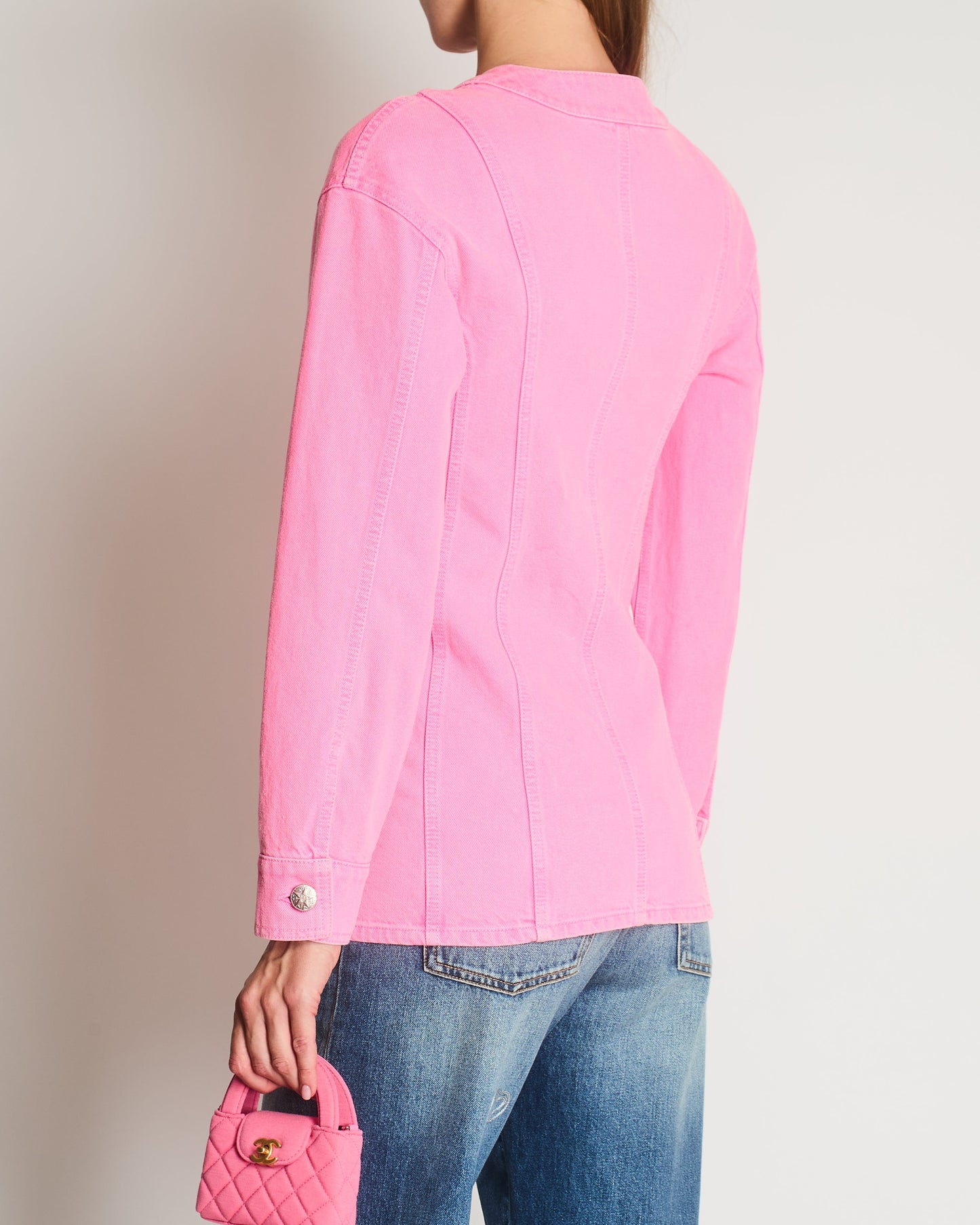 *HOT* Chanel 21S Hot Pink Denim Jacket with Detachable Camelia Pin Detail Size FR 34 (UK 6)