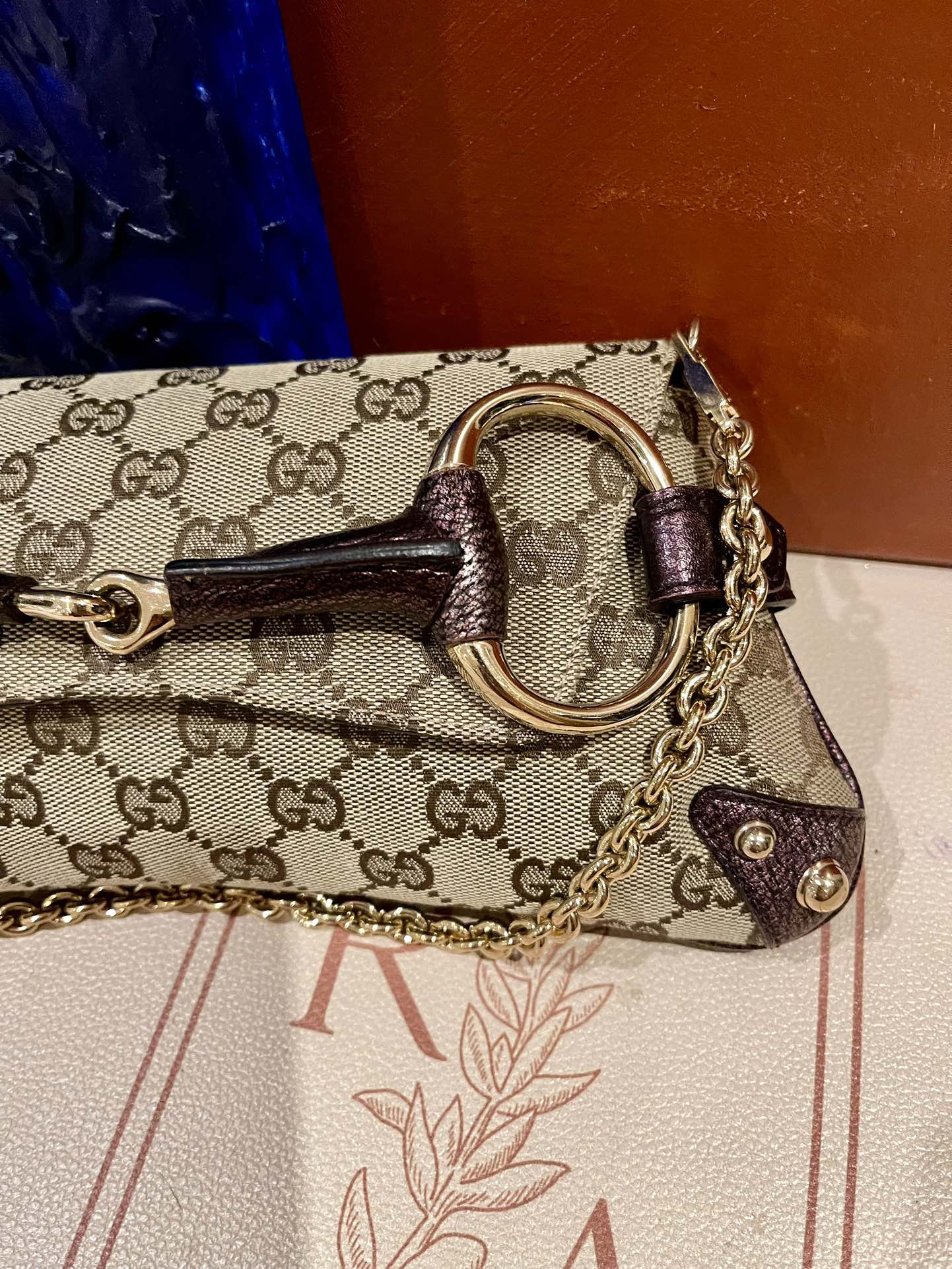 Gucci Horsebit 1955 Chain Bag Gucci Monogram Iridescent Purple Leather and Gold Studs