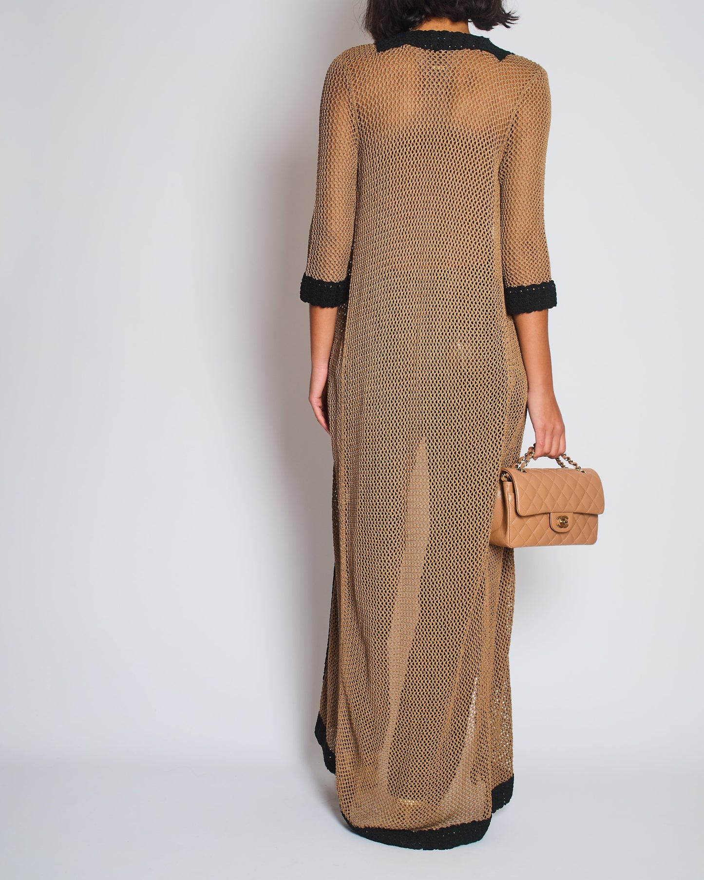 Chanel 03/P Brown Crochet Knitted Long Line Cardigan with Black Trim Detail Size FR 40 (UK 12)