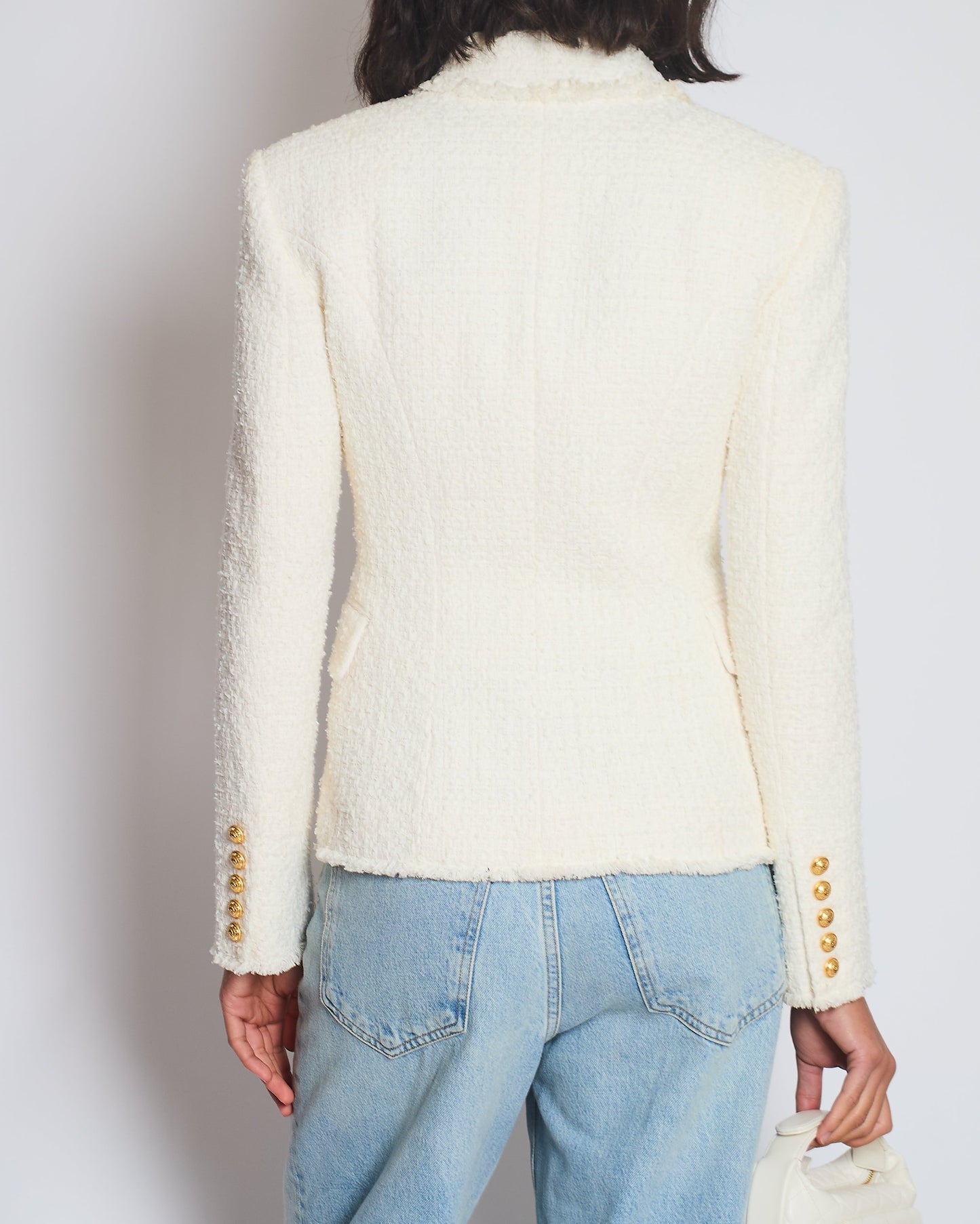 Balmain White Tweed Double Breasted Blazer with Gold Buttons Size FR 36 (UK 8)