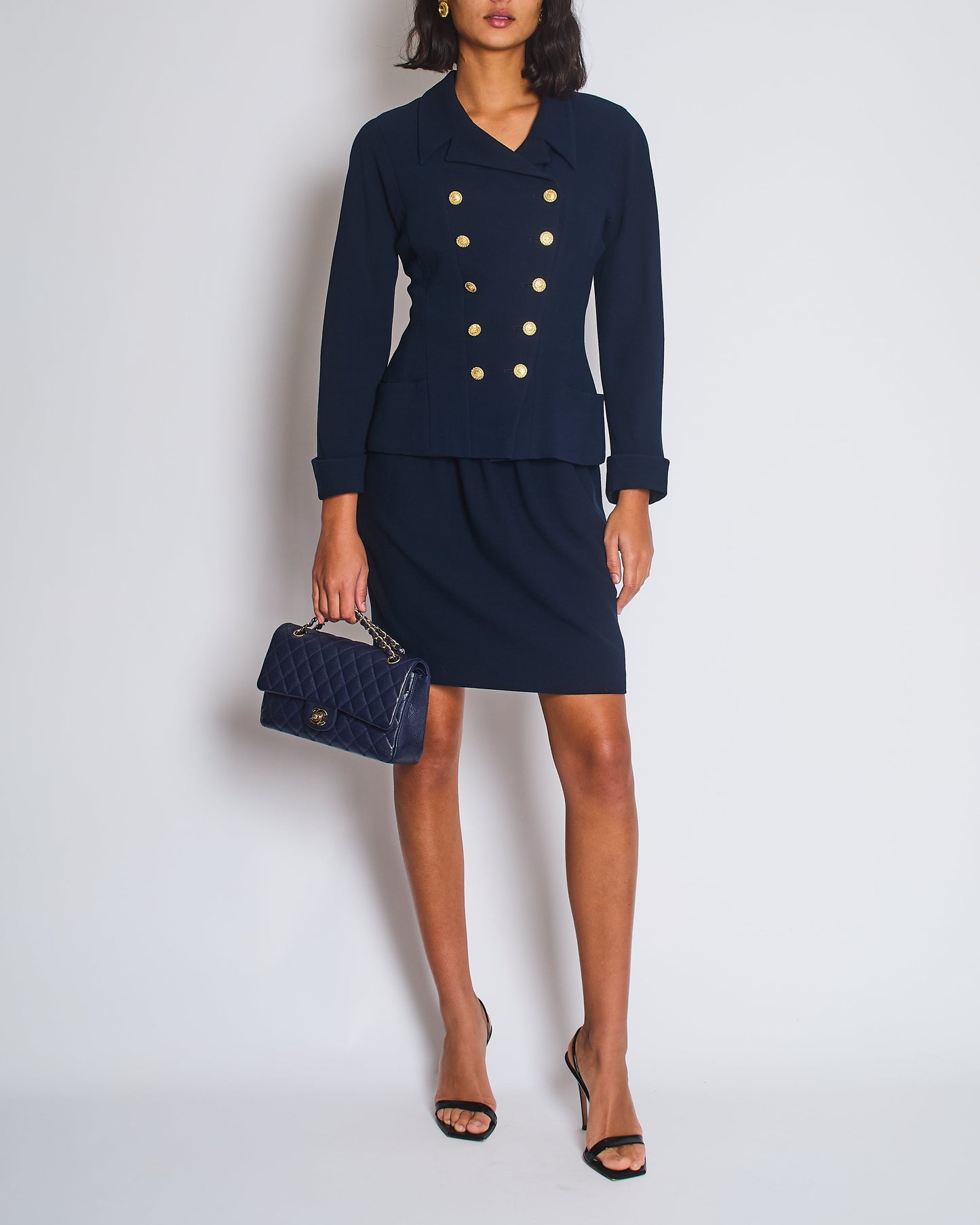 Chanel   Navy Double Breasted Wool Blazer Jacket and Skirt Set with Gold CC Logo Button Detail FR 38 (UK 10)