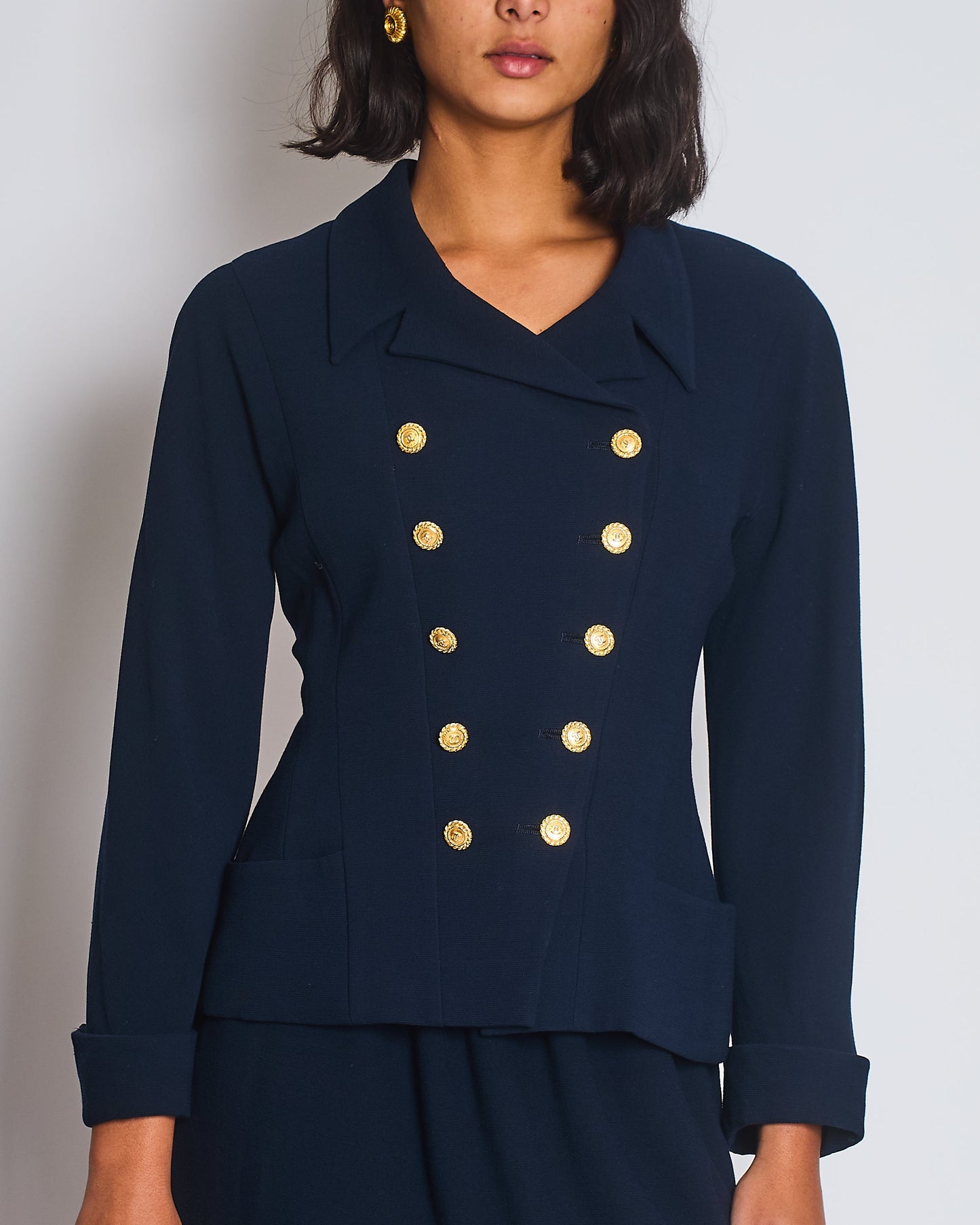 Chanel   Navy Double Breasted Wool Blazer Jacket and Skirt Set with Gold CC Logo Button Detail FR 38 (UK 10)