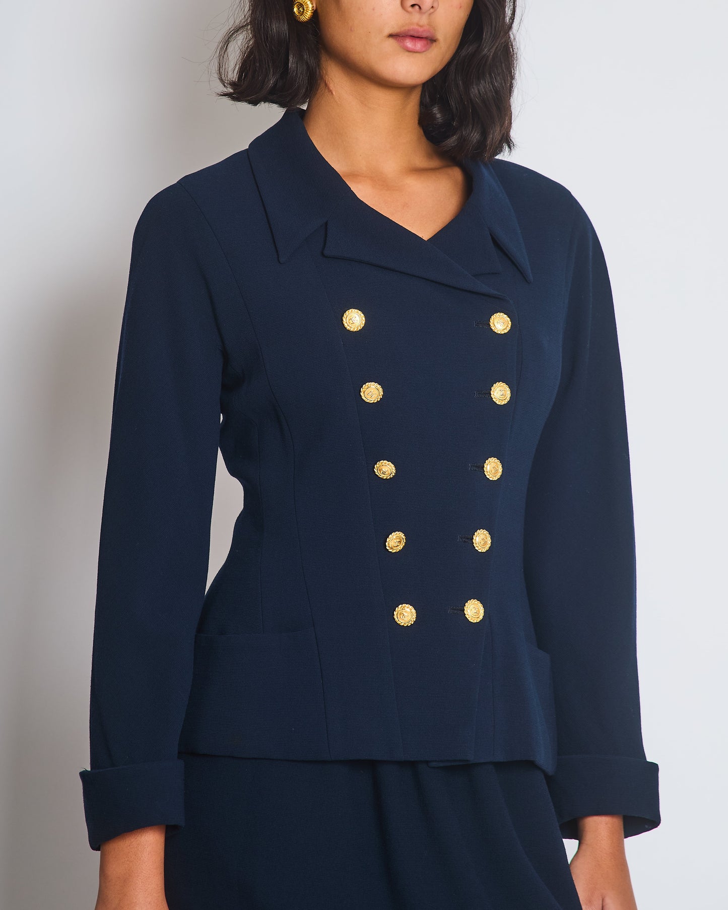 Chanel   Navy Double Breasted Wool Blazer Jacket and Skirt Set with Gold CC Logo Button Detail FR 38 (UK 10)