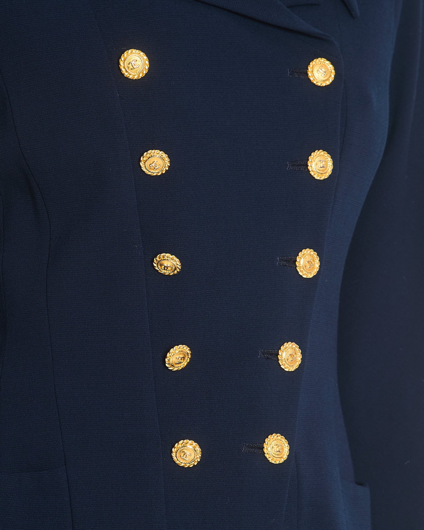 Chanel   Navy Double Breasted Wool Blazer Jacket and Skirt Set with Gold CC Logo Button Detail FR 38 (UK 10)