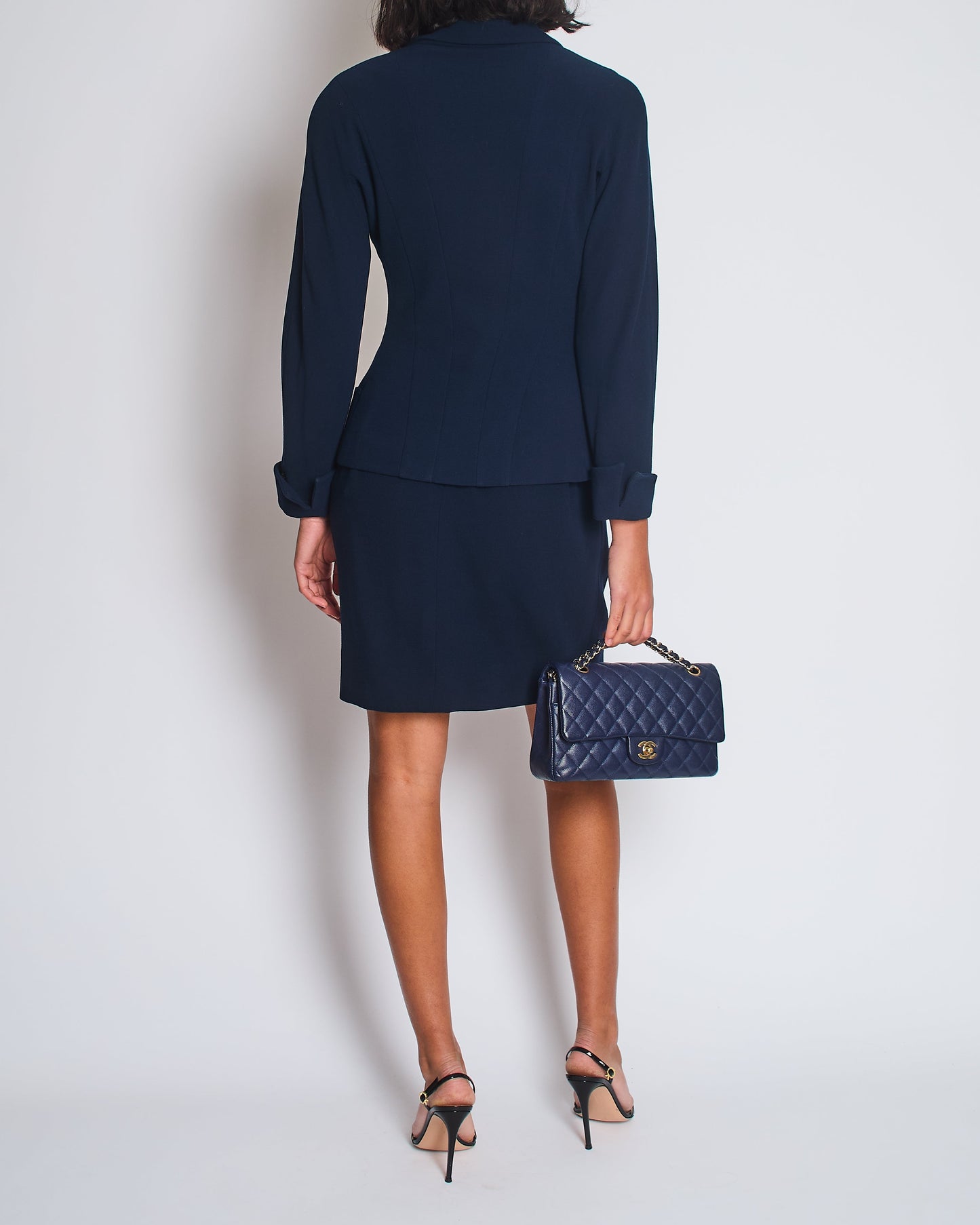 Chanel   Navy Double Breasted Wool Blazer Jacket and Skirt Set with Gold CC Logo Button Detail FR 38 (UK 10)