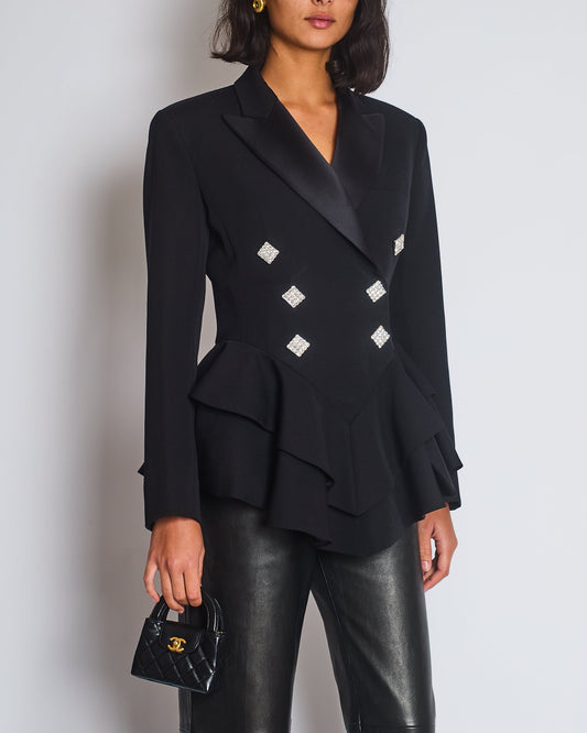 Alessandra Rich Black Double Breasted Blazer with Crystal Rhinestony Buttons IT 40 (UK 8)