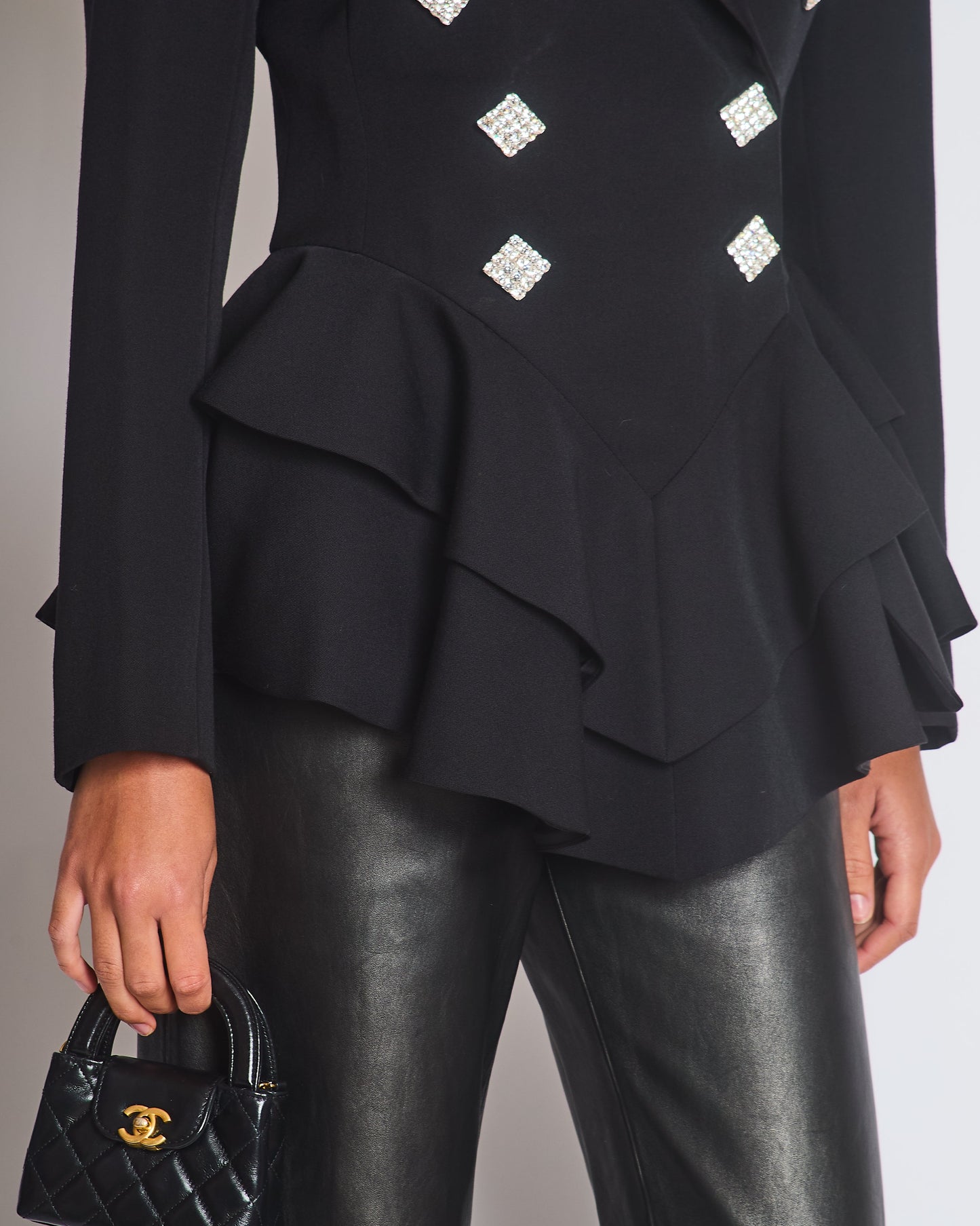Alessandra Rich Black Double Breasted Blazer with Crystal Rhinestony Buttons IT 40 (UK 8)
