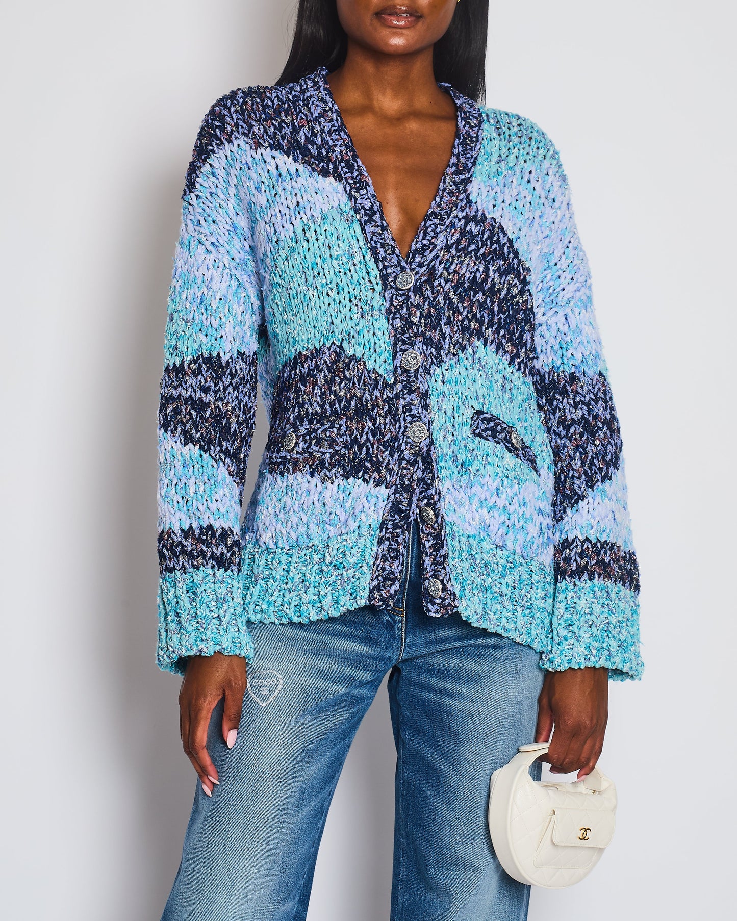 Chanel 23P Aqua Blue Metallic, Navy White Crochet Knit Oversized Cardigan with Silver Logo Crystal Buttons Size FR 36 (UK 8)