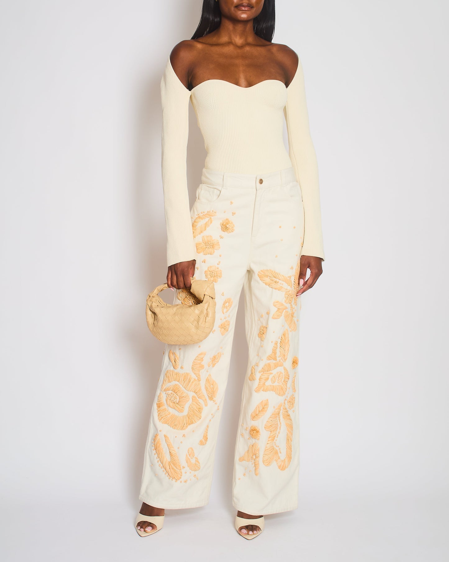 Cult Gaia White Jarli Raffia AppliquŽ High Rise Wide Leg Jeans Size 29
