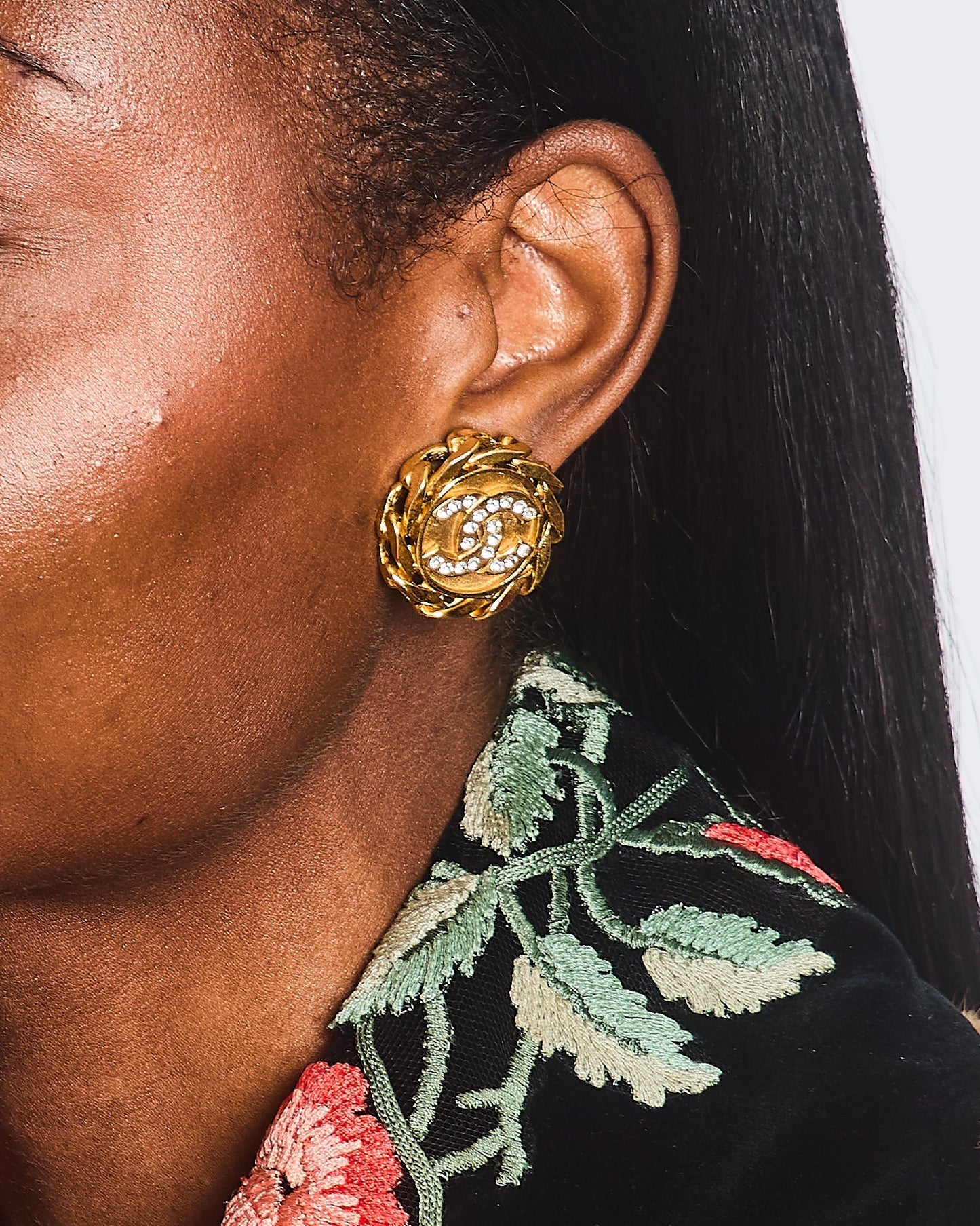 Chanel   Gold Round Chain Link Clip On Earrings with Crystal Embellished CC Logo