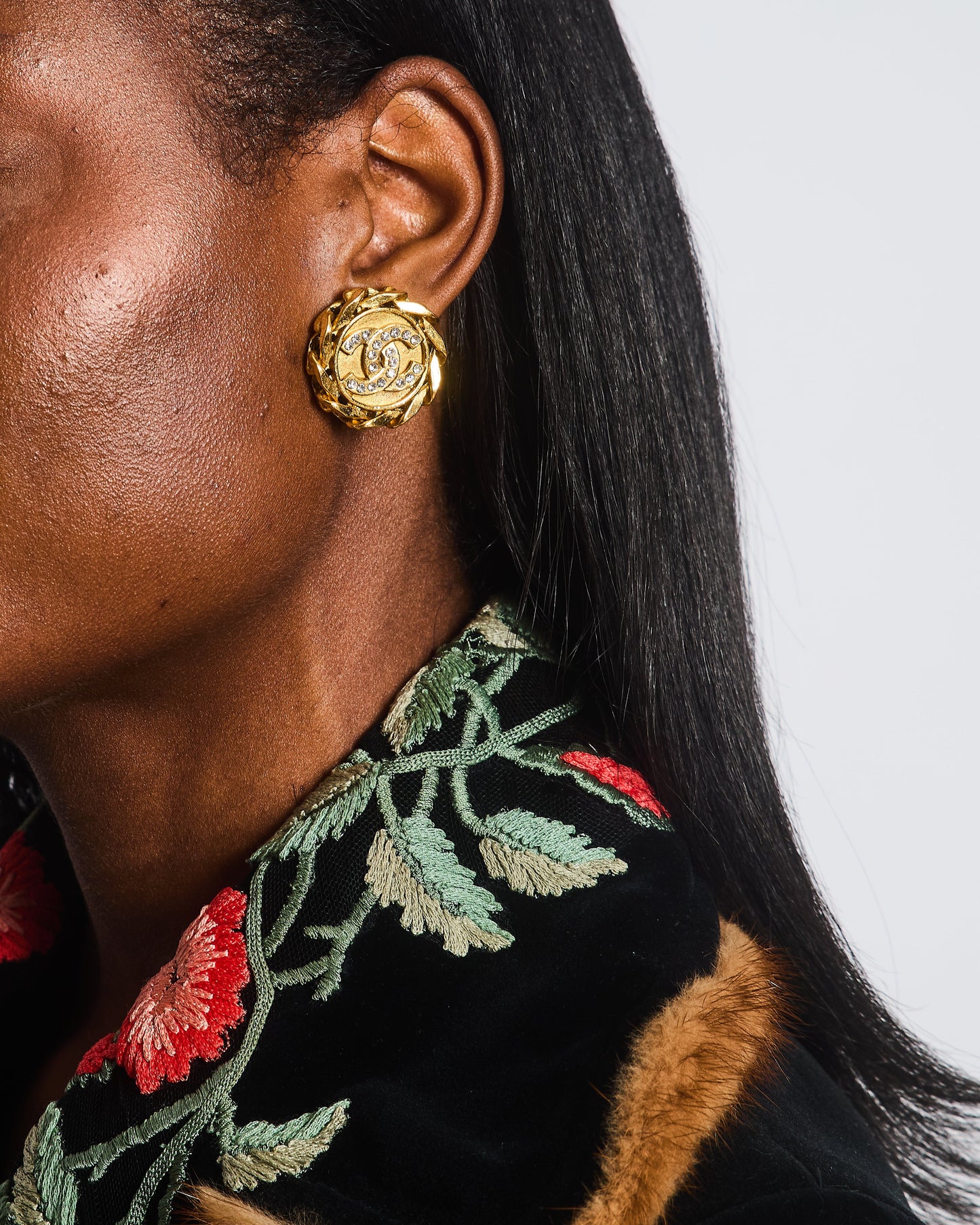 Chanel   Gold Round Chain Link Clip On Earrings with Crystal Embellished CC Logo