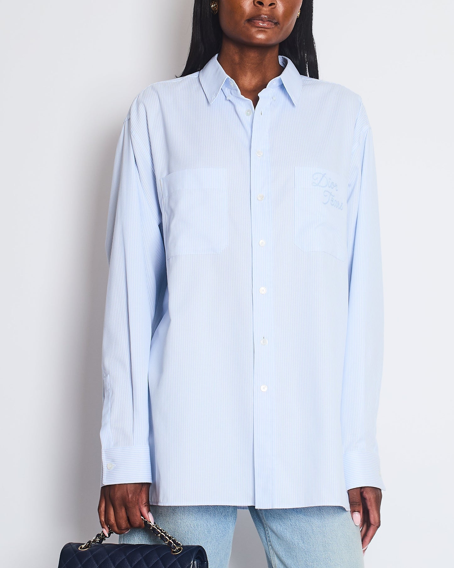 Christian Dior Menswear Blue and White Pin Stripe Button Down Shirt with Pockets and Dior Tears Embroidery Size EU 40 (UK 38)